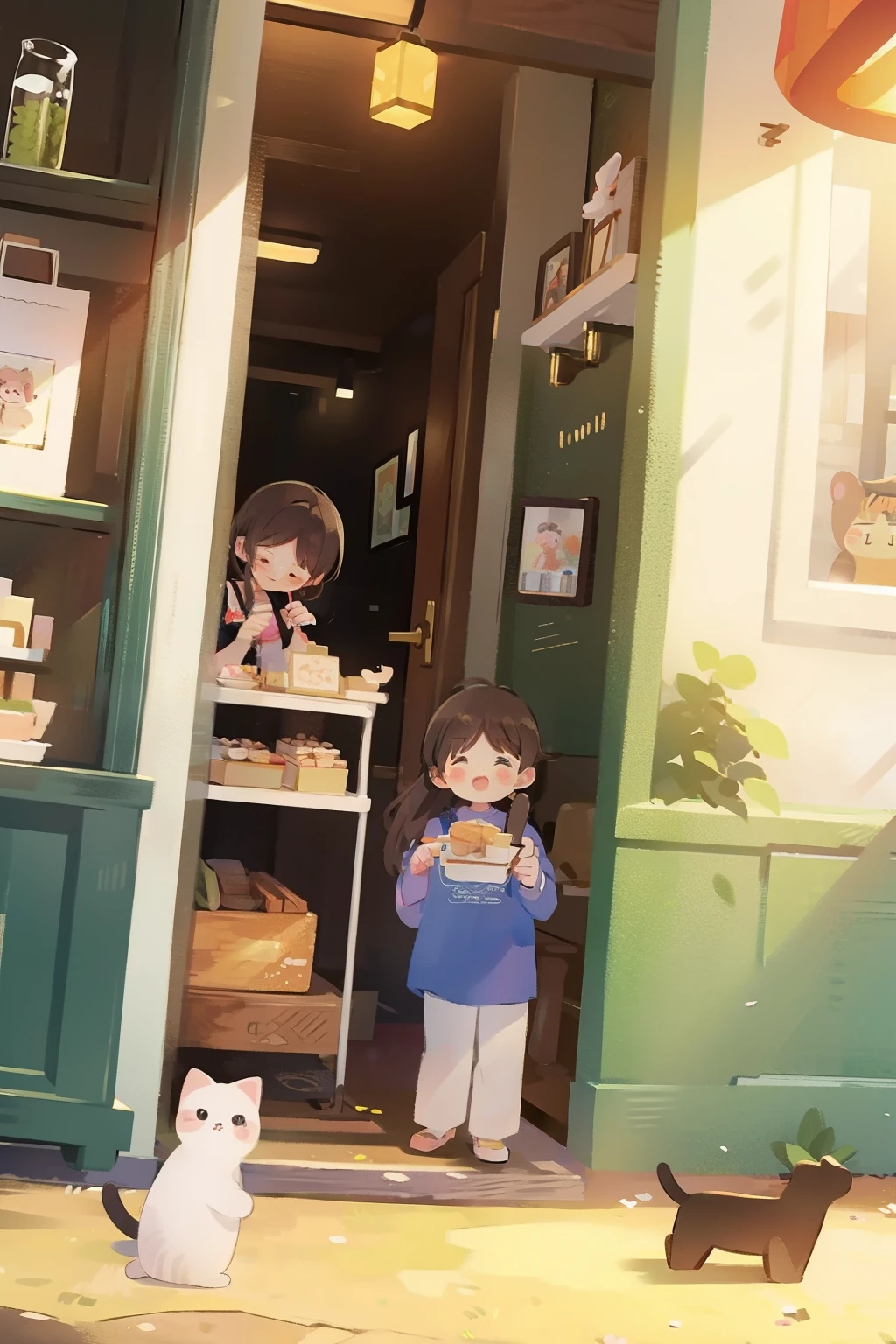 Cute cat, At the cake shop , sun light from window.