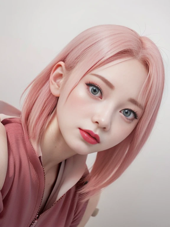 young woman, porcelain skin, short pale pink hair, pink eyebrows, jade green eyes, buttoned nose, thick peach lips, heart-shaped face, wide forehead, red clothes, Sakura Haruno, realism, 3d