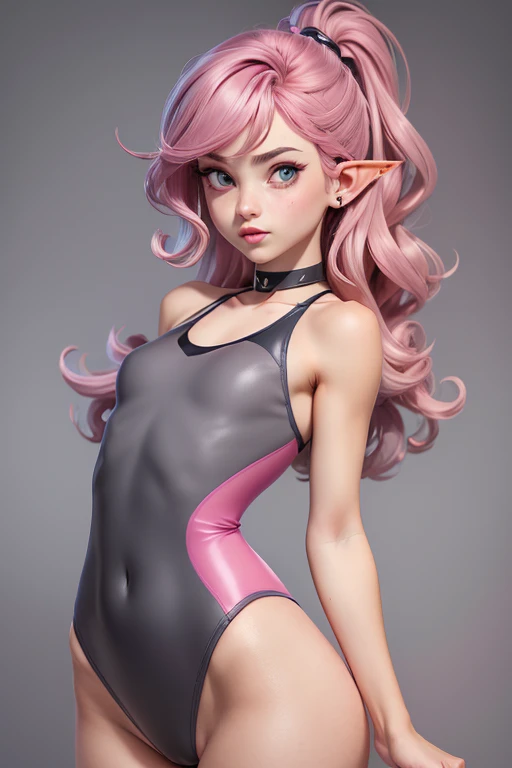 1girl, bare shoulders, (((( ((dark-grey)) swimming costume)))), ((( ((pink)) hair))), (((emerald color eyes))), cleavage, earrings, elf, flat,((((small chest)))), ((((flat chest)))), ((big ass)), ((((small breasts)))), ((((flat breasts)))), lips, lipstick, (((long curly hair))), looking at viewer, makeup, medium breasts, navel, pointy ears, red lips, solo, upper body, ((visible pussy))