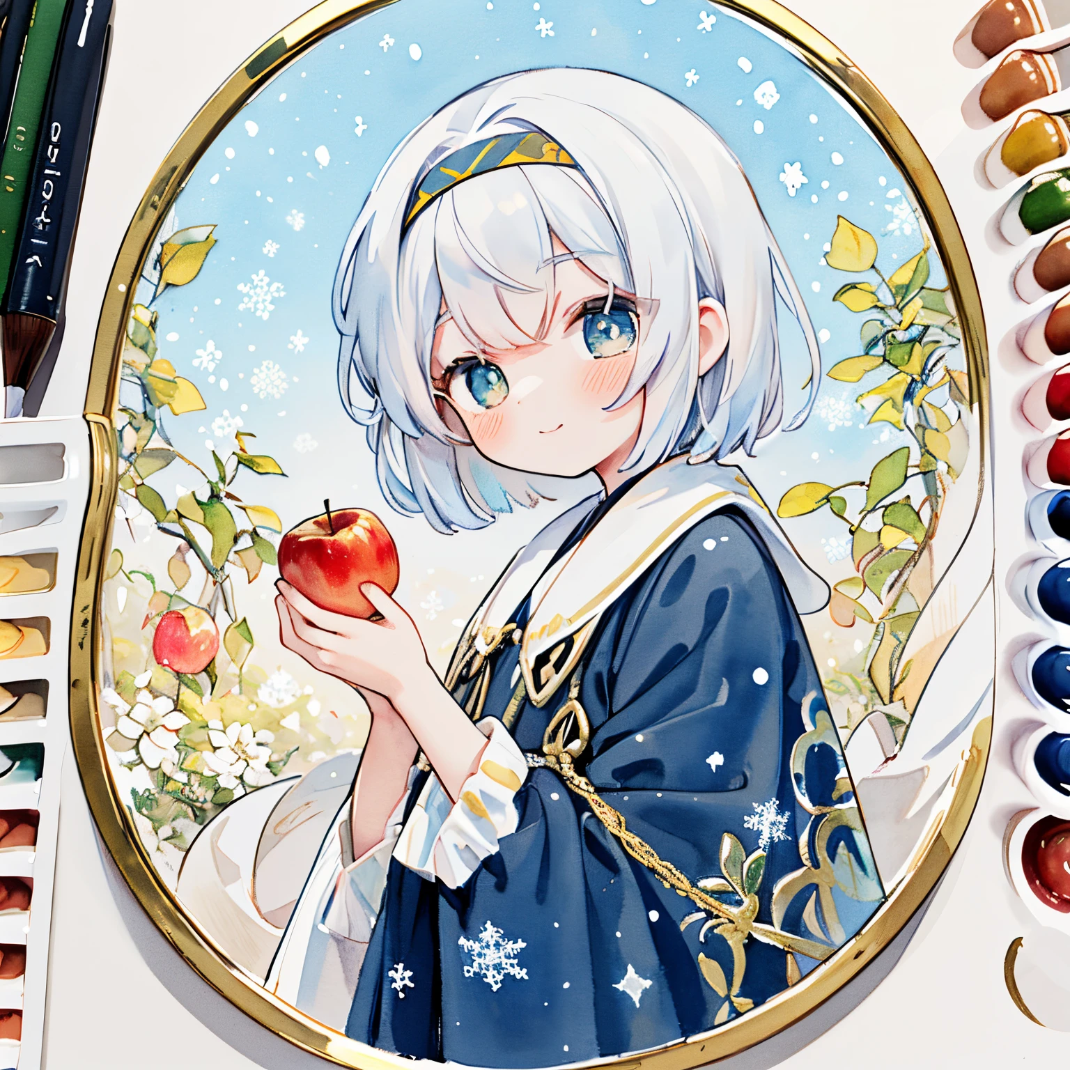 1girl in、(PastelColors:1.3)、(Cute illustration:1.3)、(watercolor paiting:1.1)、A smile、snow white in the mirror、Snowflakes reflected in a round golden mirror、Holding an apple in your hand、Reflected in a mirror with round gold decorations:1.0、apples around the mirror、White Shorthair、navy blue headband、Red ribbons、Snow white dress、The upper part of the body、apples placed around the mirror、bilaterally symmetrical、
Detailed drawing、Vibrant colors、striking contrast、intricate detailes、Delicate depiction、Luminescent、、From the side、Beautiful facial features、Brightly colored eyes、Wearing intricate and delicate ornaments、glowing aura、Radiant hair,Illuminated by the morning light