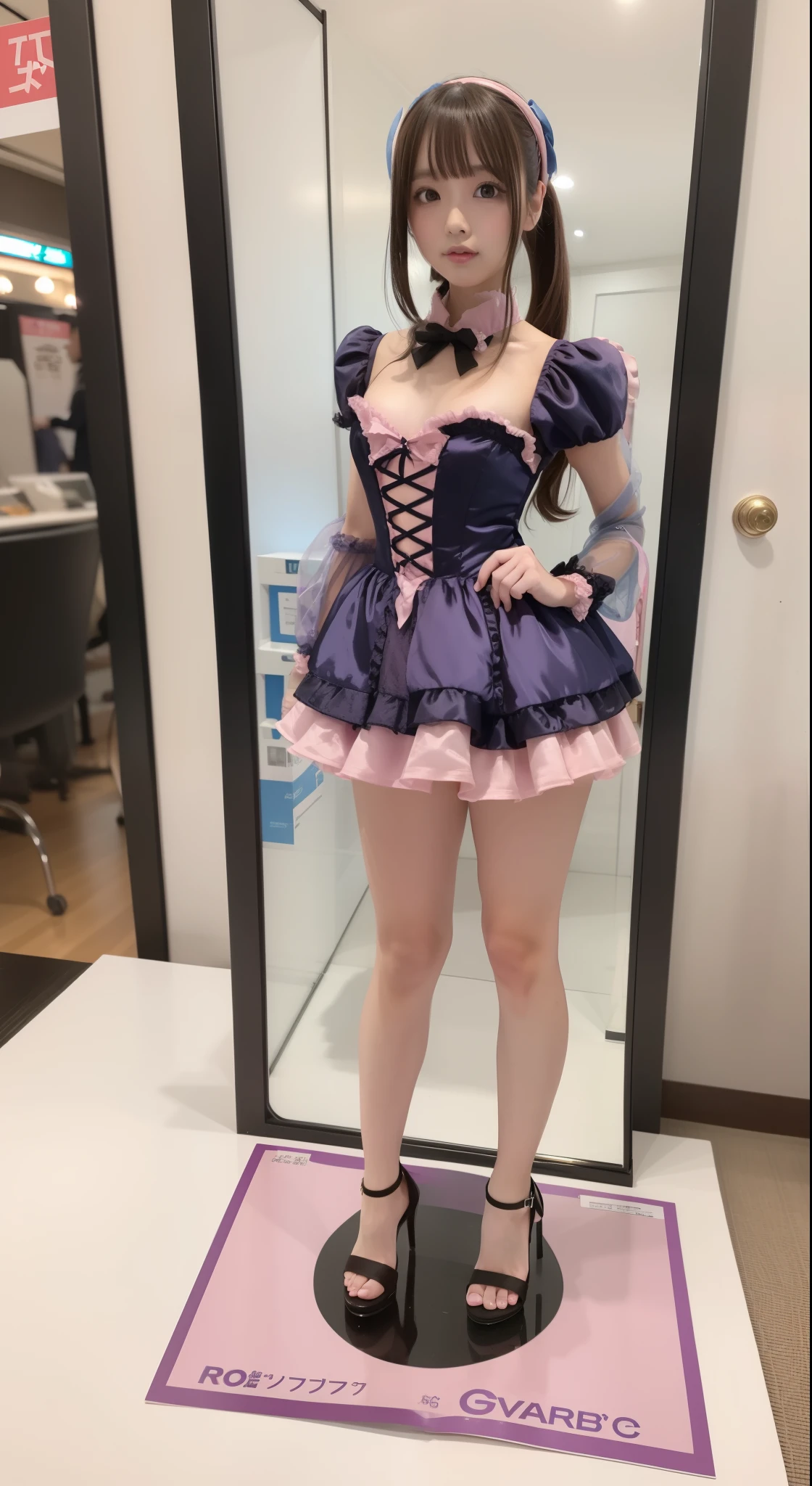 of the highest quality, Slender body Idol, front facing, Well-proportioned body, exhibition, Event Hall, Moe Pose, no sleeve pink satin Lolita style Dress, Standing with legs open, Model body type