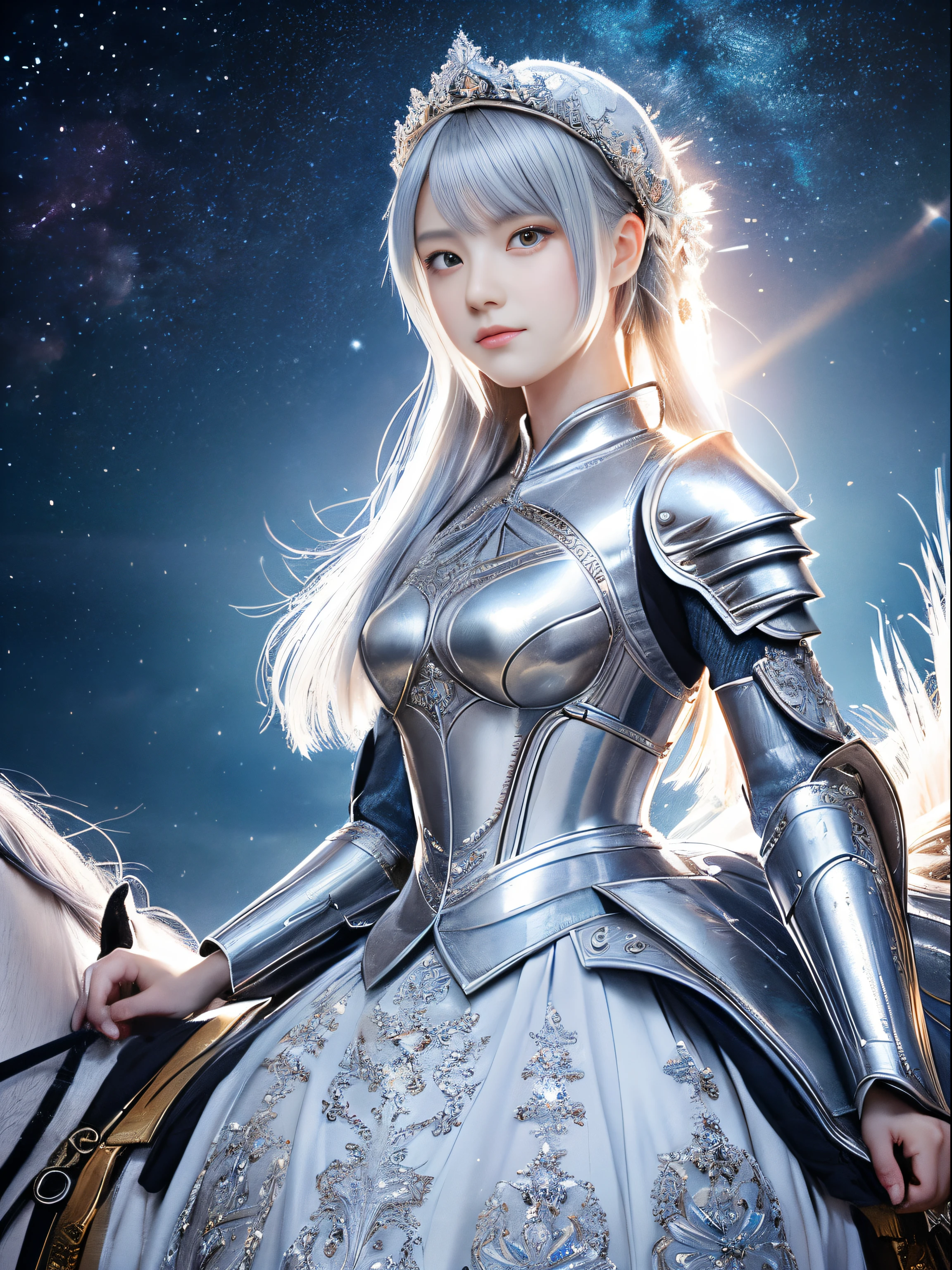 high-definition picture,masutepiece, Exquisite, Illustration, {beautiful and meticulous girl},Beautiful woman wearing silver armor astride a horse， Beautiful and detailed halo,  Detailed Lighting, Detailed water, (Beautiful and detailed eyes: 1.1), deadpan, palatial palace, sky blue hair, Scattered hair, Long bangs,  (whitegrey dress: 1.1),