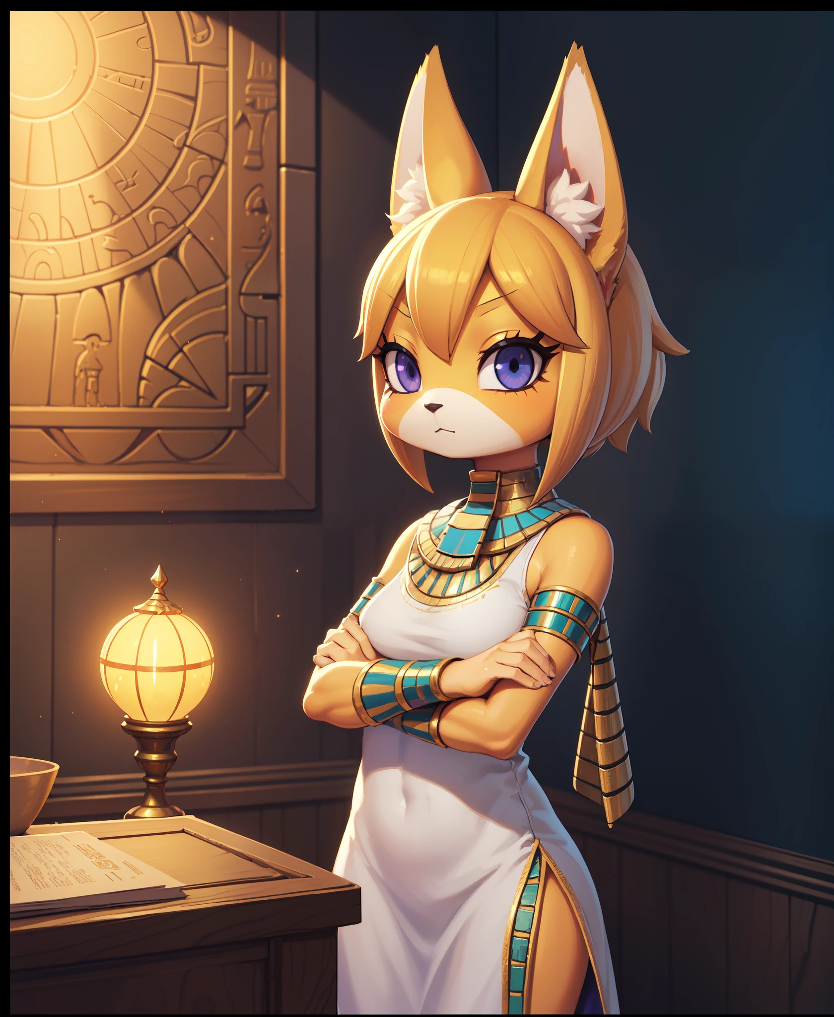 uploaded on e621, ((by Hyilpi, by Supplesee, by Dagasi, Animal Crossing)), solo ((chibi ankha \(animal crossing\))) with ((yellow body)) and (navy blue short hair) and (purple hypnotic eyes), (wear egyptian white dress, egyptian mythology, flat chested,:<, crossed arms:1.2), ((detailed fluffy fur)), (three-quarter portrait, looking at viewer, three-quarter view:1.35), BREAK (egyptian room, yellow wall, egyptian symbol:1.25), (starry, fog, mist) (detailed background, depth of field, half body shadow, sunlight, ambient light on the body), (digital painting \(artwork\), photoshop \(medium\), painttool sai \(medium\):1.3) (masterpiece, best quality, ultra realistic, 4k, 2k, (high detail:1.3), (3d \(artwork\):1.2), blender \(software\), (soft focus:1.1), ray tracing, (unreal engine:1.3), absurd res)