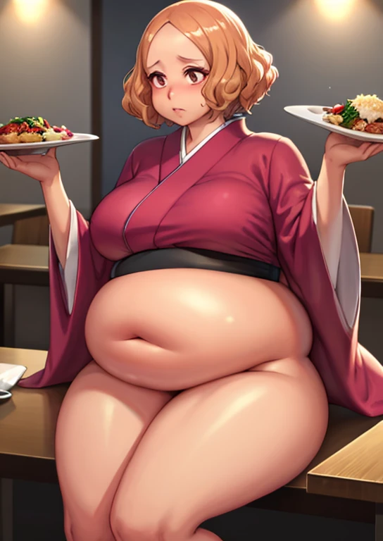 very fat, large belly, big fat belly, sitting, fat belly, fat belly, huge, fat thighs, big stomach, overweight, thicc, chubby, chubby belly, kimono, shocked, fat, huge belly, obese, Haru Okumura, very fat, large belly, big fat belly, grabbing belly, fat belly, huge, fat thighs, big stomach, overweight, thicc, chubby, chubby belly, restaurant, kimono, wearing a kimono,