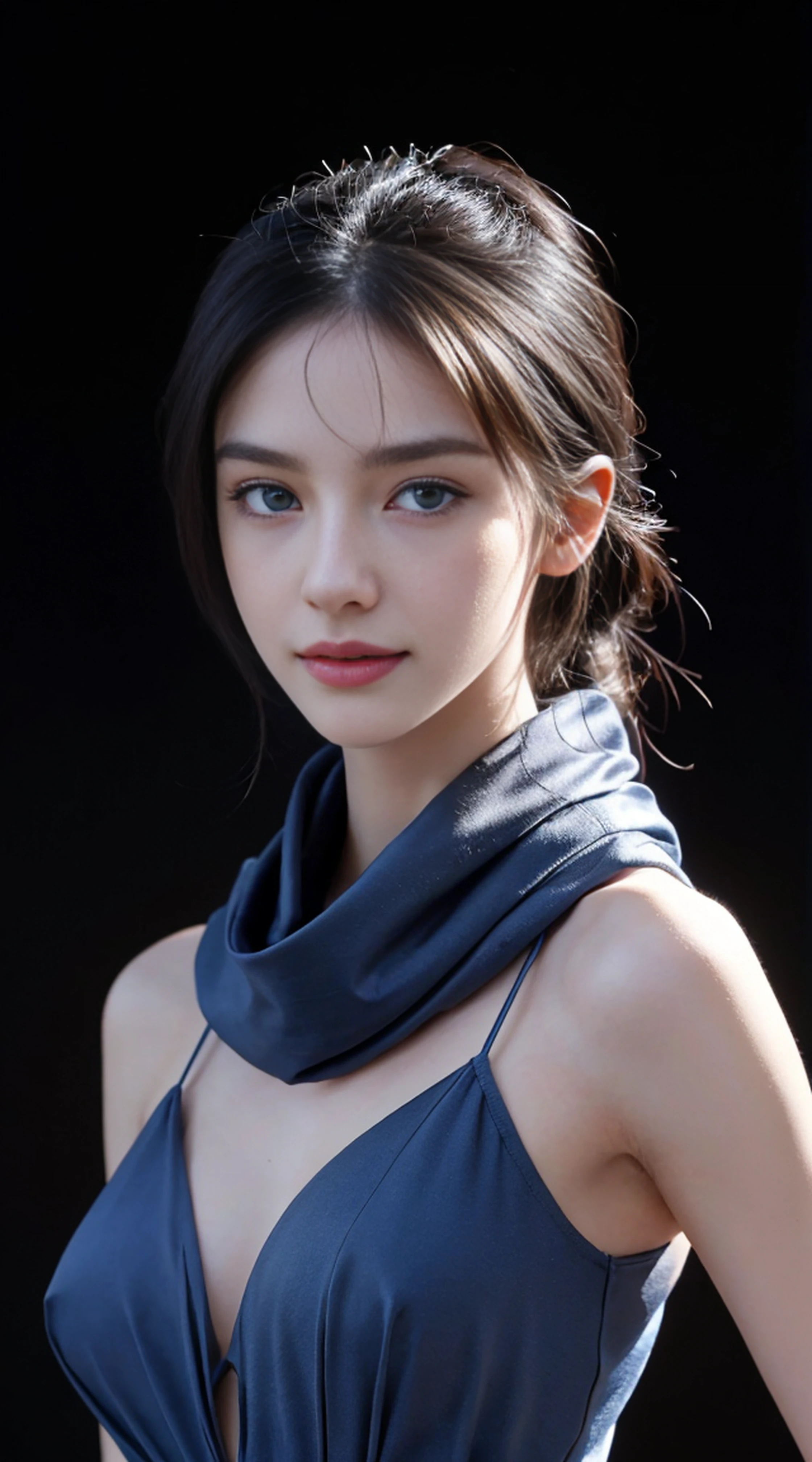 8K, Top Quality, Intricate Details, Ultra Detail, Ultra High Resolution, Masterpiece, ((close up shot)), (full body: 1.1), Slender, Smile, (Makeup: 0.4), (Fluffy Blue Eyes: 1.21), blue Eyes, ((full body)), 1girl, solo, 1 girl, (( full body)), close up shot, , ((tall)), (((fit body))), (((slim face))), sharp face, sharp eyes, (( black hair, )) (detailed face), sharp face, small lips, standing,
((shawl)), detailed face, detailed breast, , large breast, detail ass, , Beautiful girl with accentuated slender abs: 1.4, Six Pack Abs: 1.4, Bust Botox, Big, Perfect Body, detail leg, ( dark background)), black background,
