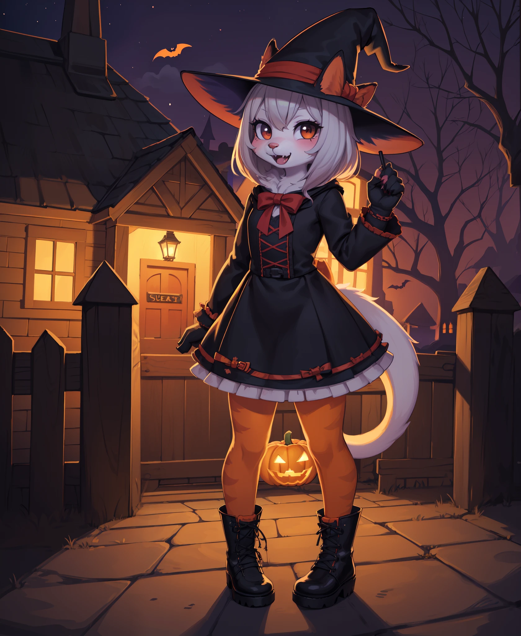 1girl, solo, witch hat, halloween, halloween theme, jack o lantern, child, :D, candy bag, standing, in front of a house, full body, night, boots, (best quality, masterpiece, illustration, ultra-detailed:1.3), (uploaded on e621, furry, anthro, kemono:1.3),