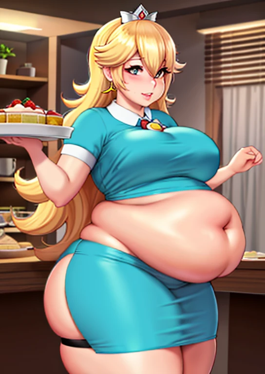 fat, large belly, chubby, overweight, standing, table with lots of food, Rosalina, safe for work