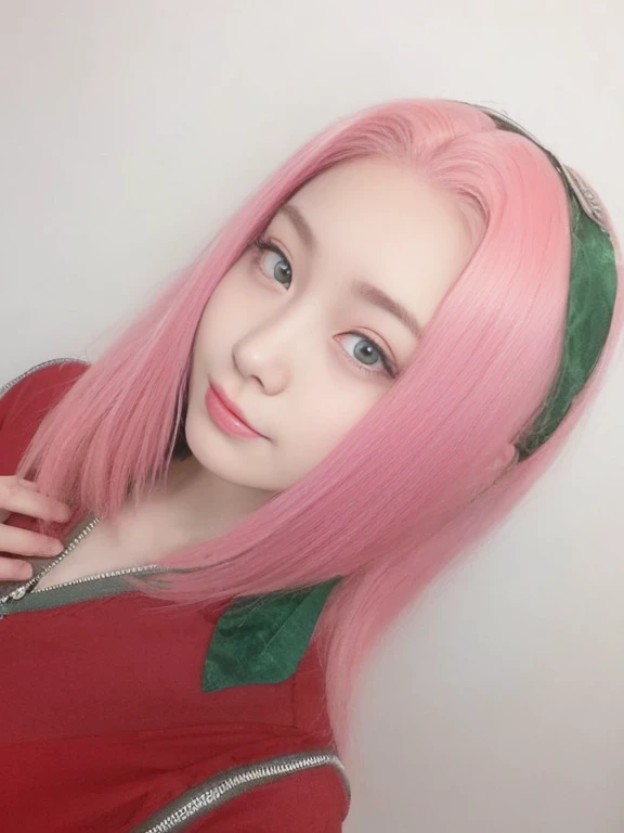 young woman, porcelain skin, short pale pink hair, pink eyebrows, jade green eyes, buttoned nose, thick peach lips, heart-shaped face, wide forehead, red clothes, Sakura Haruno, realism, 3d