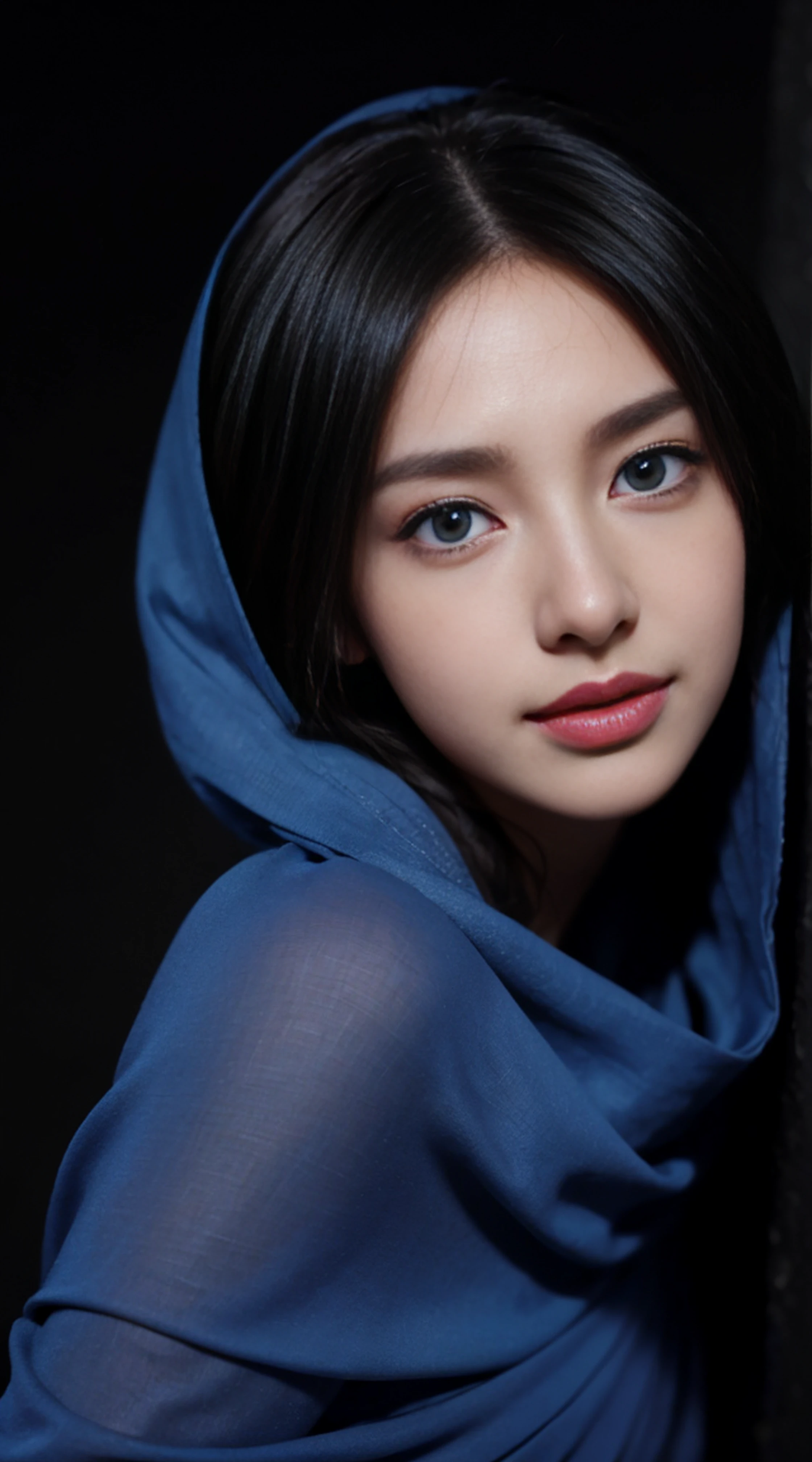 8K, Top Quality, Intricate Details, Ultra Detail, Ultra High Resolution, Masterpiece, ((close up shot)), (full body: 1.1), Slender, Smile, (Makeup: 0.4), (Fluffy Blue Eyes: 1.21), blue Eyes, ((full body)), 1girl, solo, 1 girl, (( full body)), close up shot, , ((tall)), (((fit body))), (((slim face))), sharp face, sharp eyes, (( black hair, )) (detailed face), sharp face, small lips, standing,
((shawl)), detailed face, detailed breast, , large breast, detail ass, , Beautiful girl with accentuated slender abs: 1.4, Six Pack Abs: 1.4, Bust Botox, Big, Perfect Body, detail leg, ( dark background)), black background,