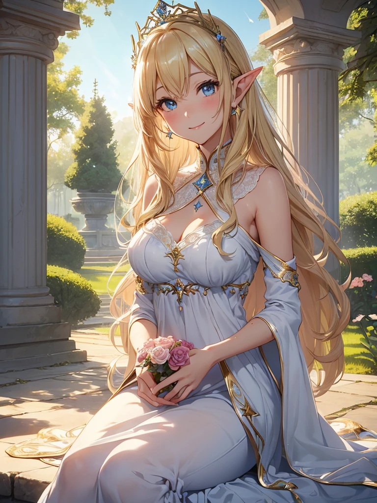 top-quality、Top image quality、masterpiece、two friendly elves、Elven Beauty、smiling while holding a bouquet of roses((24 year old、Best Bust、big bast、Bust 90,Beautiful blue eyes、,Blonde long hair、A slender、a closeup、Esbian、beautiful tiara、hiquality、Beautiful Art、Background with((starrysky)))masutepiece、visualart、depth of fields、morning、sunrises、Elven ears、、mid night、harp melody🎵、Happy smile、Gentle light、、Beautiful skins、beutiful breast、beautiful foot、welcome、、accurate fingers、Exact finger count、nffsw、Beautiful dress、Mystical In the flower garden、flower field、、the woods、Marble pillars、Sit up