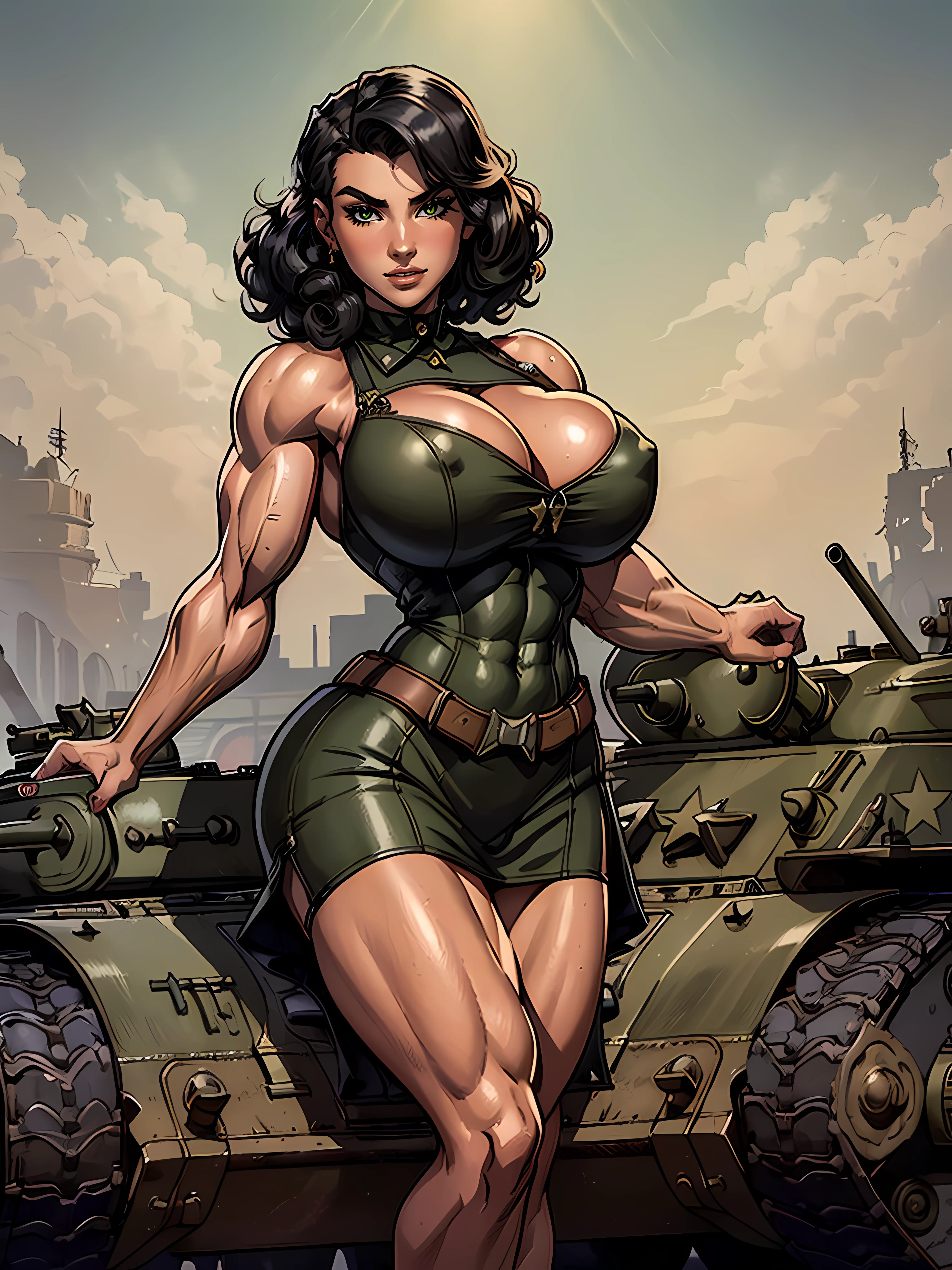 (masterpiece, top quality, best quality, official art, beautiful and aesthetic:1.2), (1girl:1.3), black hair victory curls, vintage 1940's American hairstyle, extremely detailed, portrait, looking at viewer, solo, (full body:0.6), detailed background, close up, vintage makeup, retro style, (warm summer military base theme:1.1), pinup girl, elegant face, long face, charlatan, smirk, mysterious, posing on top of a tank, patriotic costume, star spangled costume, high heels, legs, M4 Sherman tank, WWII tank, armored vehicle, ((((huge breasts)))), toned, slim waist, slim hips, long legs, muscular legs, historical (WW2 army base exterior:1.1) background, dark mysterious lighting, shadows, magical atmosphere, dutch angle, ((((huge muscles))))