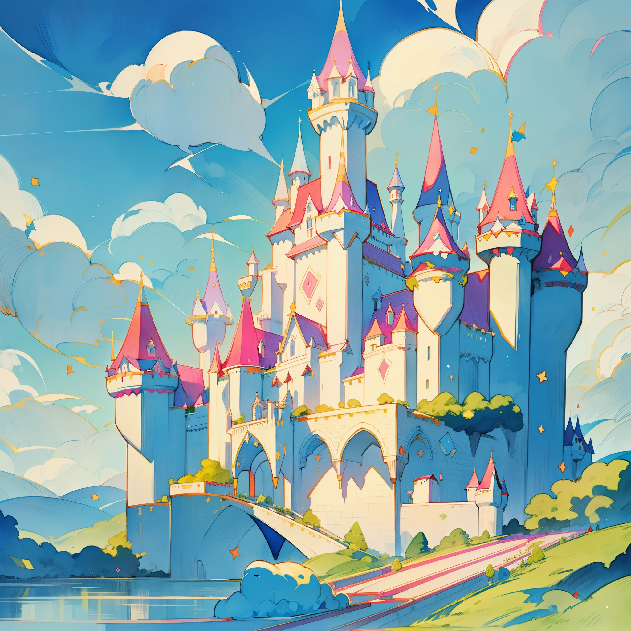 picture book illustration, watercolor storybook illustration, ((princess castle)), ((fairytale castle)), fairytale towers, clouds, vibrant pastel colors, dream, colorful, whimsical, magical, masterpiece, best quality, sharp focus, intricately detailed environment, fine detail, 8k resolution, (colorful), cute