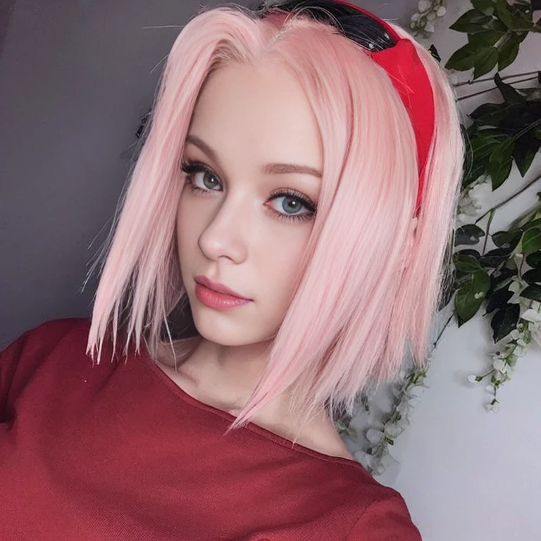 young woman, porcelain skin, short pale pink hair, pink eyebrows, jade green eyes, buttoned nose, thick peach lips, heart-shaped face, wide forehead, red clothes, Sakura Haruno, realism, 3d