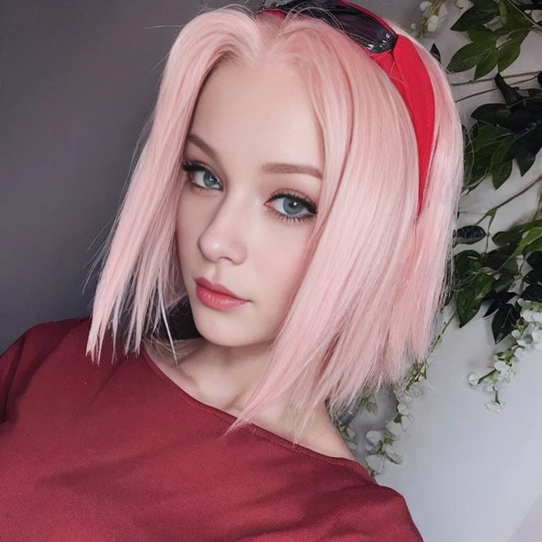 young woman, porcelain skin, short pale pink hair, pink eyebrows, jade green eyes, buttoned nose, thick peach lips, heart-shaped face, wide forehead, red clothes, Sakura Haruno, realism, 3d