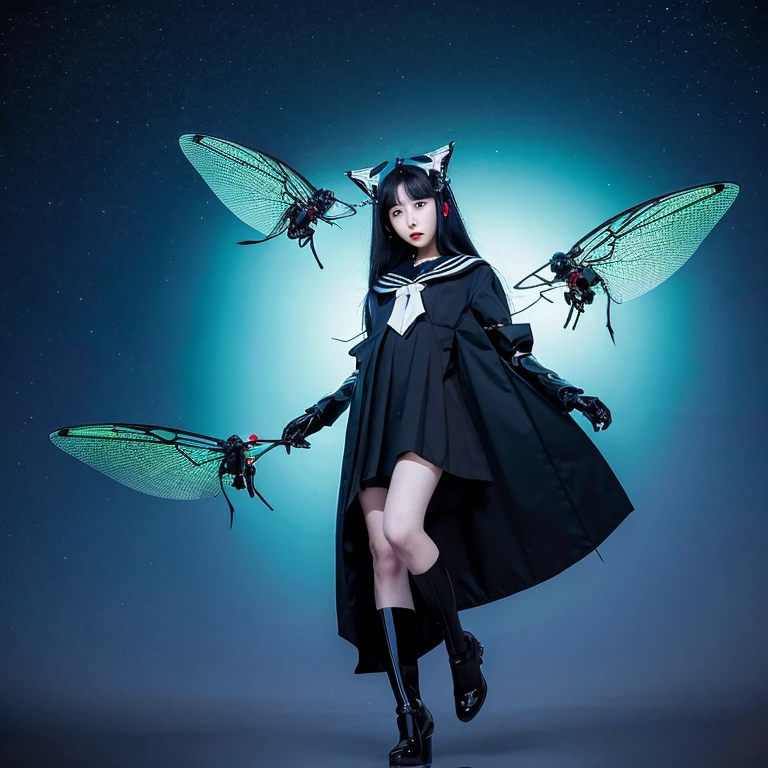Dark Fantasy　gotik　A robot that flies using dragonfly wings that are a combination of insects.　a sailor suit　telescopes　train track　Unbalanced composition