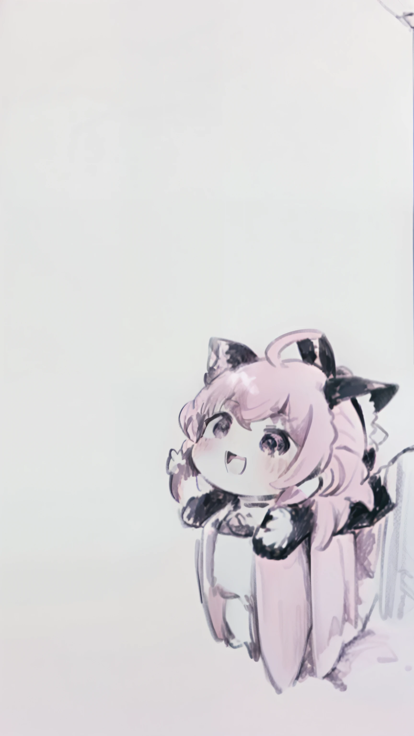 1 cinta, (Chibi:1.3),(s corpo inteiro:1.5), ((Fundo branco em branco:1.5)) olhando para cima para o espectador, Corar, sorrir, :D e, Abra a Boca (Pink one-piece dress:1.2), ((cabelos brancos)), cabelos longos, ((pupila vermelha)), orelhas de raposa, Rabo de Raposa, (A very large pink ribbon on top of the head:1.2) Enquanto observa o espectador,