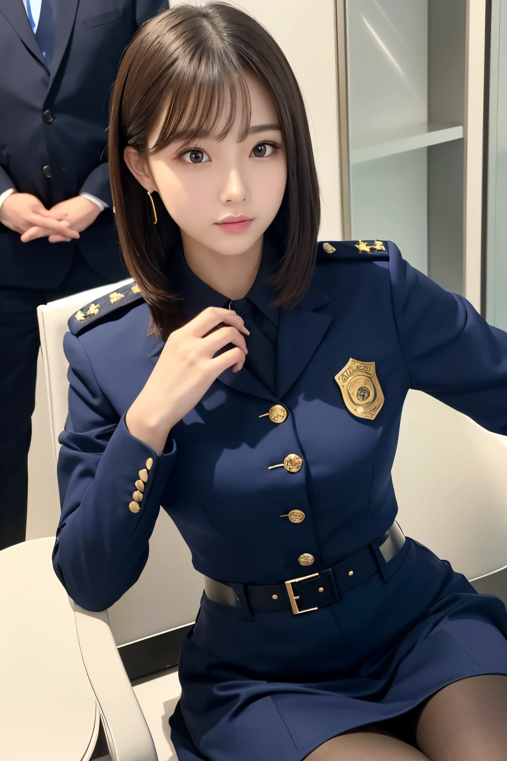 Police box and police car in the background、Imagine a scene where Eri Kamei is tall and proud, Embodying the spirit of Japan police officers. Content: Eri Kamei, Decorated with a deep dark blue police uniform, Complete with a black pointed hat with the Japan police emblem. Her hands, Covered with white gloves, Rest confidently on her waist. A name tag is prominently displayed on the left chest. Must-have tools like portable radios, Cuffed, Eta、Long police baton or tonghwa is part of her ensemble. Polished black shoes reflect the surroundings. The thickness of the uniform depends on the season. A badge on the shoulder or collar indicates her rank. The background is a bustling Japan cityscape, Probably to the police box (police box) In the background. Medium: Photography. Style: Ultra-realistic, Capturing the juxtaposition between the charm of idols and the harsh attitude of police officers. Lighting: Surrounding city lights with sunset hints, Cast warm shades to a scene. Colors: The deep dark blue color of the uniform is、、Stout against urban grey and city lights. Composition: Use a 16K camera, The shot focuses on Eri Kamei, Capture her essence and the intricate details of the uniform. The angle is a bit low, Give her a towering and authoritative presence. --ar 16:9 - V5.1 --Style raw --Q 2 --S 750