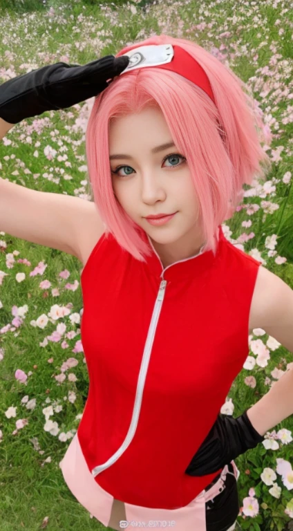 young woman, porcelain skin, short pale pink hair, pink eyebrows, jade green eyes, buttoned nose, thick peach lips, heart-shaped face, wide forehead, red clothes, Sakura Haruno, realism, 3d