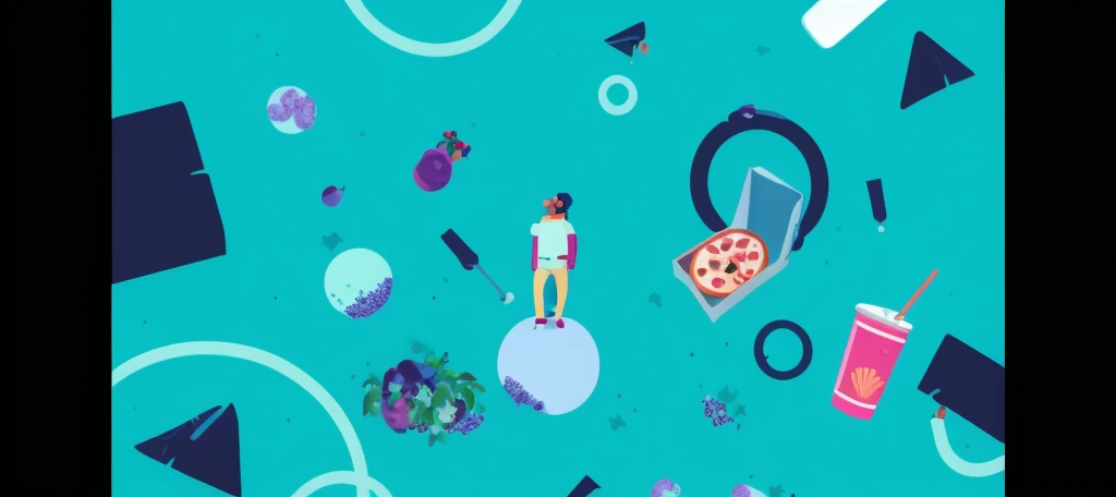 there is a man on a table with a pizza and drinks, animation illustrative style, Fotografia de Kurzgesagt, 3d grainy aesthetic illustration, corporate animation style, design de movimento, 2D Digital Animation, 2d illustration, 2d illustration, 2d digital illustration, animation style rendering, digital illustration -, cores planas surreais, food particles