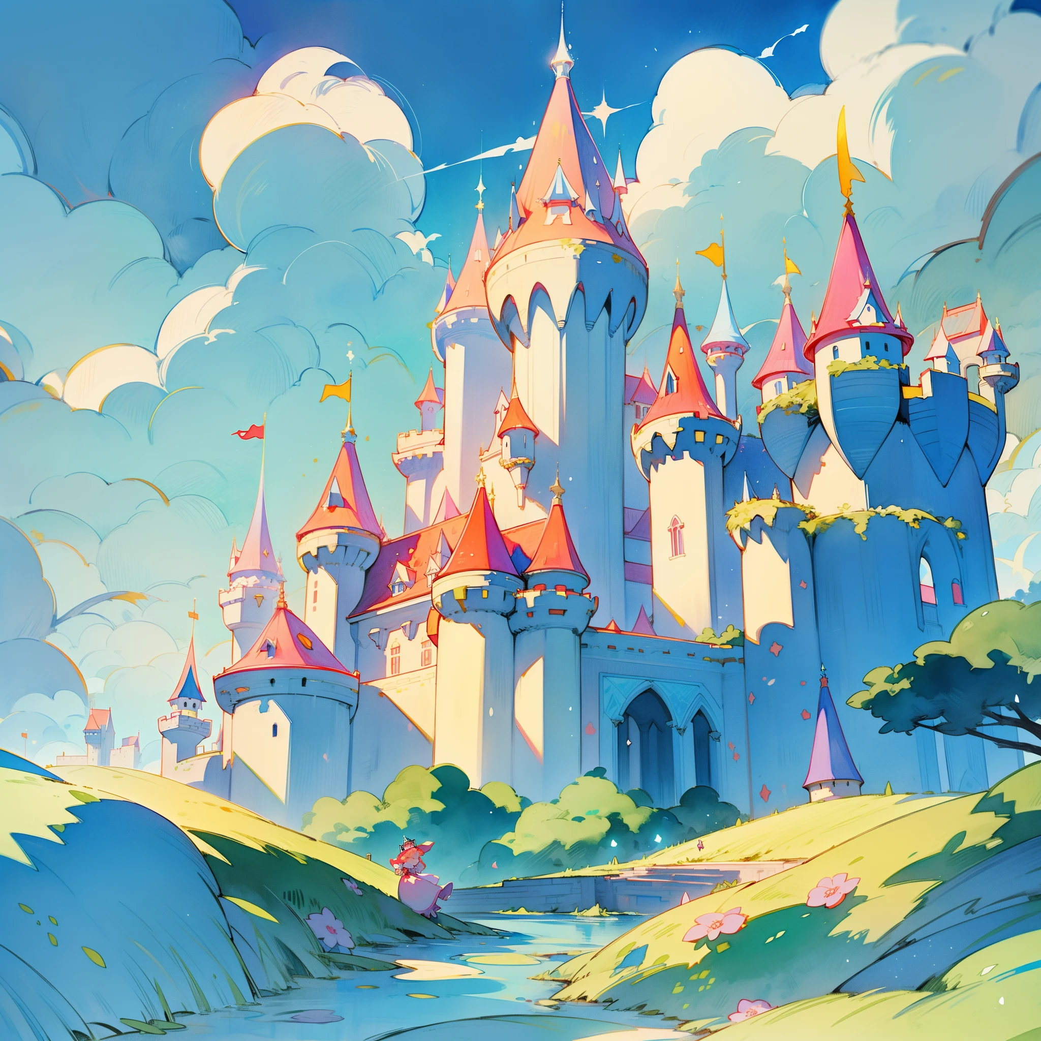 picture book illustration, watercolor storybook illustration, ((princess castle)), ((fairytale castle)), fairytale towers, clouds, vibrant pastel colors, dream, colorful, whimsical, magical, masterpiece, best quality, sharp focus, intricately detailed environment, fine detail, 8k resolution, (colorful), cute