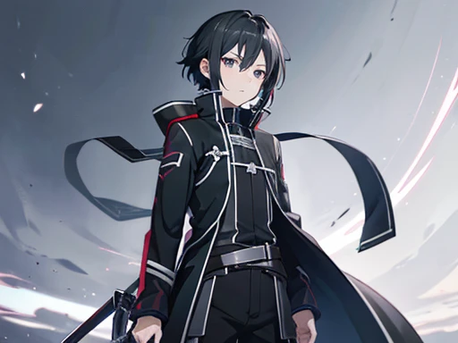 He has black hair, black eyes, height 181 cm, weight 57 kg, wears a dark black uniform. anime character with a clothes from Sword Art Online, inspired by Kirito from Sword Art Online, official fanart, made with anime painter studio, official art, made in A-1 Pictures Studio anime style