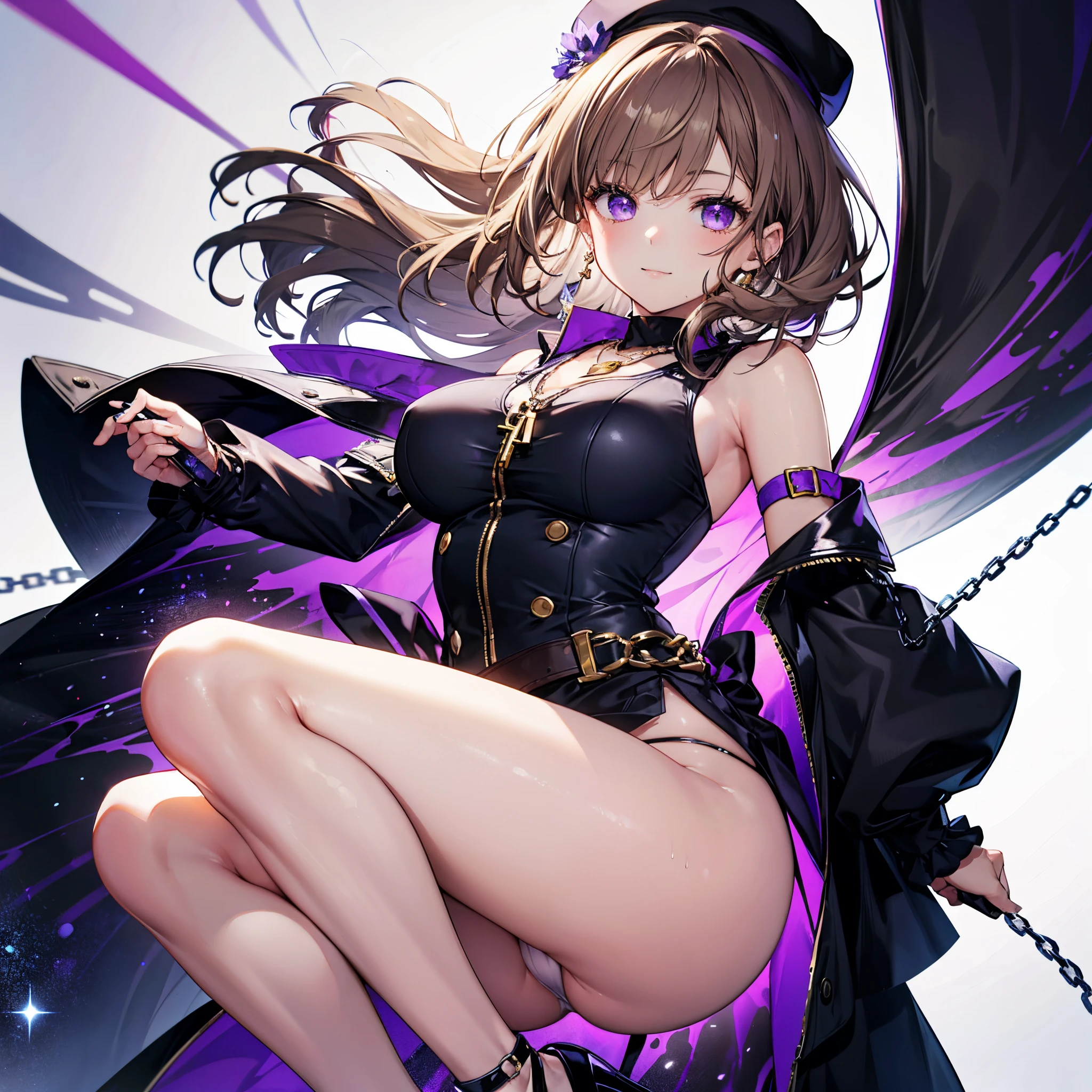 Realistic image, Detailed image, 1 girl (Herta). Cream-colored brown hair and violet eyes. She wears a black beret with a purple flower over her long tail-length hair, with some short locks around her big bangs. She wears a purple necklace with a key very close to her white dress with gray checks. On top she wears a knee-length black vest with separate sleeves decorated in purple and white. The vest is fastened with a gold padlock around silver chains. At the end she wears heels covered in black, white and purple. Medium breasts, slim waist, wide hips and thick thighs. Smile. Arched back. View of buttocks. View of panties. No bottom. Uniform background. Volumetric light. Ambient light.