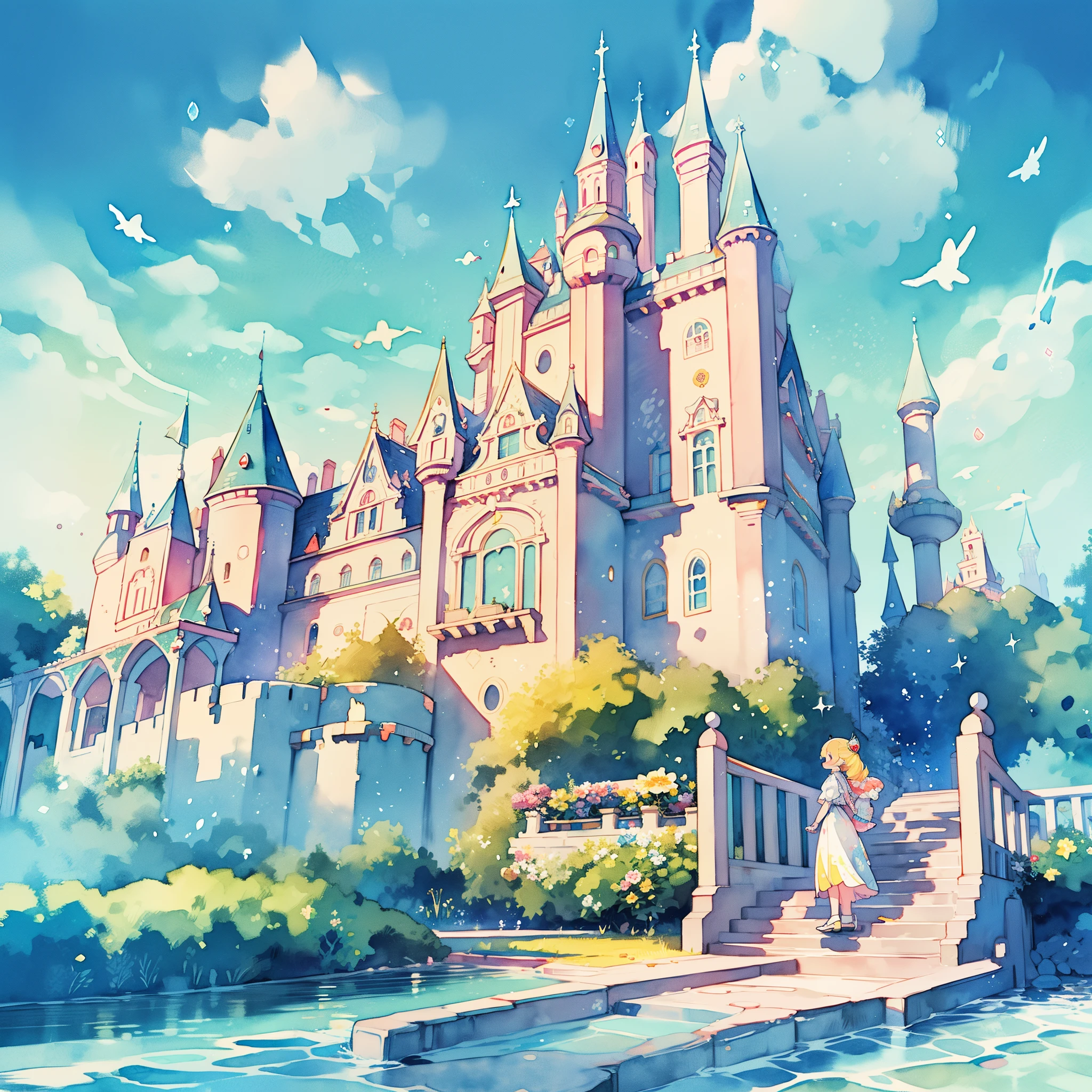 picture book illustration, watercolor storybook illustration, ((princess castle)), ((fairytale castle)), fairytale towers, clouds, vibrant pastel colors, dream, colorful, whimsical, magical, masterpiece, best quality, sharp focus, intricately detailed environment, fine detail, 8k resolution, (colorful), cute