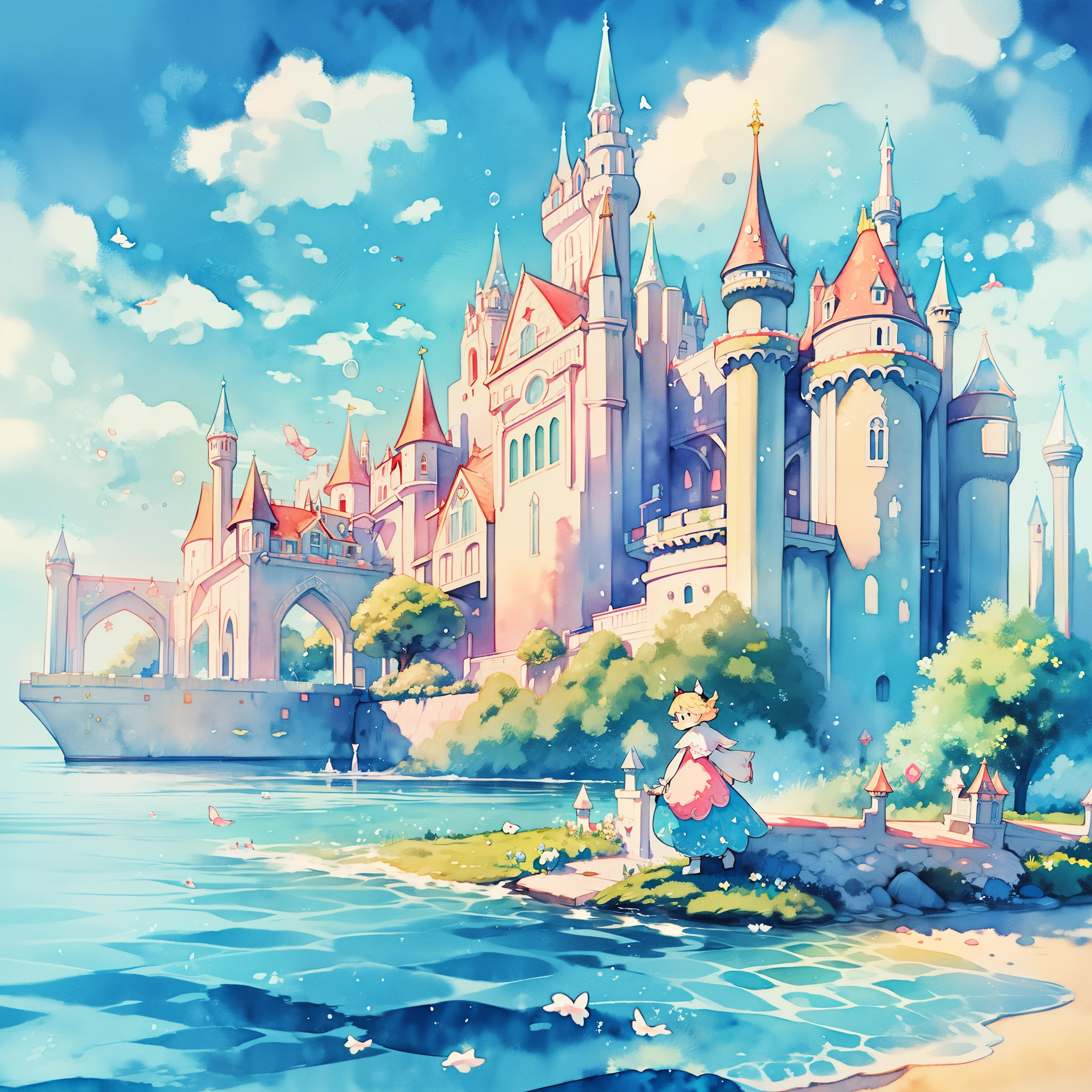 picture book illustration, watercolor storybook illustration, ((princess castle)), ((fairytale castle)), fairytale towers, clouds, vibrant pastel colors, dream, colorful, whimsical, magical, masterpiece, best quality, sharp focus, intricately detailed environment, fine detail, 8k resolution, (colorful), cute