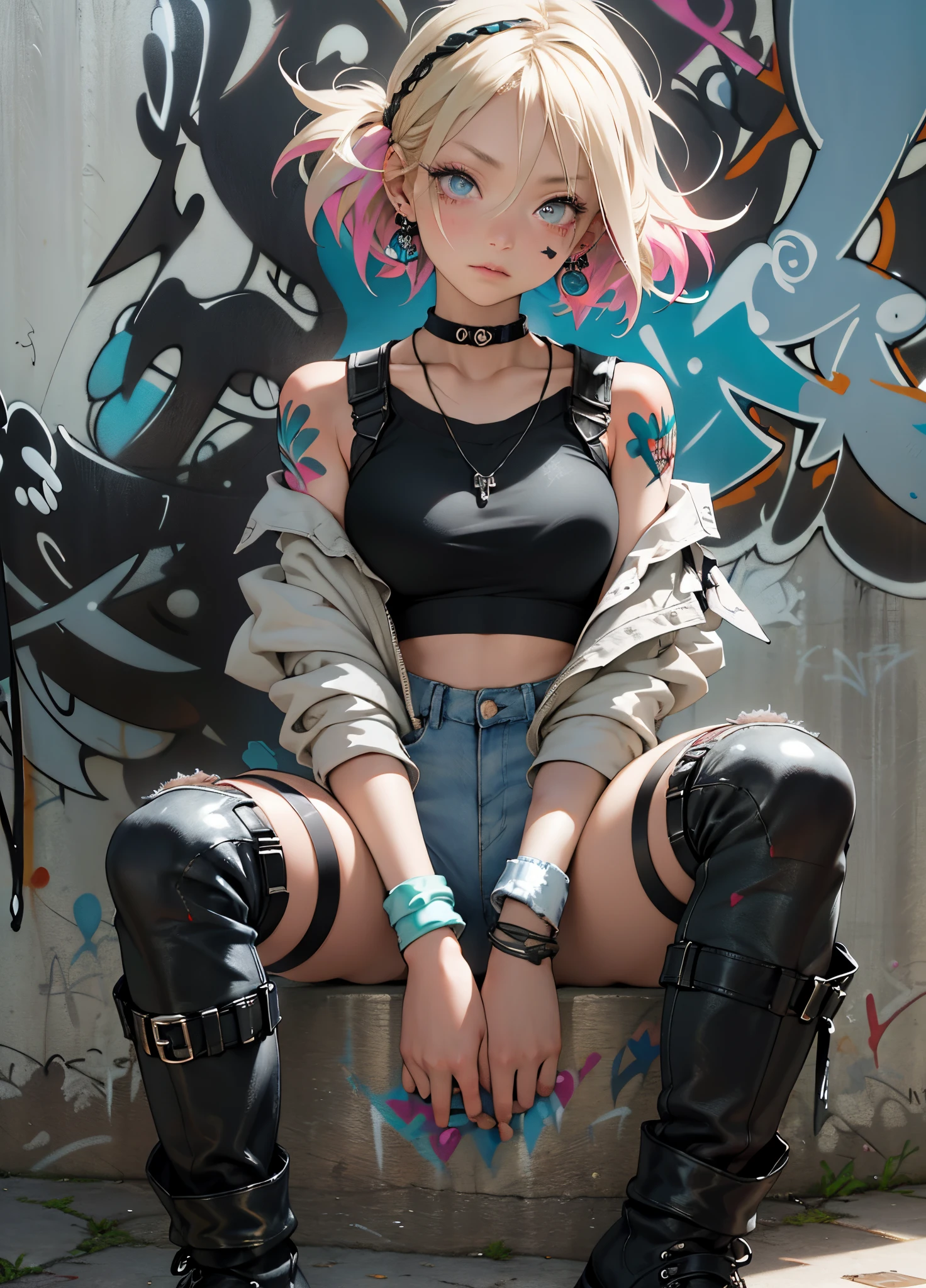 masutepiece, Best Quality, Realistic, One Woman、a blond、Solo, riding in a big wheelchair、croptop , Denim shorts, a necklace、Black long boots、 (Graffiti:1.5),  behind arms, Hospital Background, gaze at the audience, Armbands, Thigh straps, paint on body, Head tilt, boredom, multicolored hair, aqua eyes,