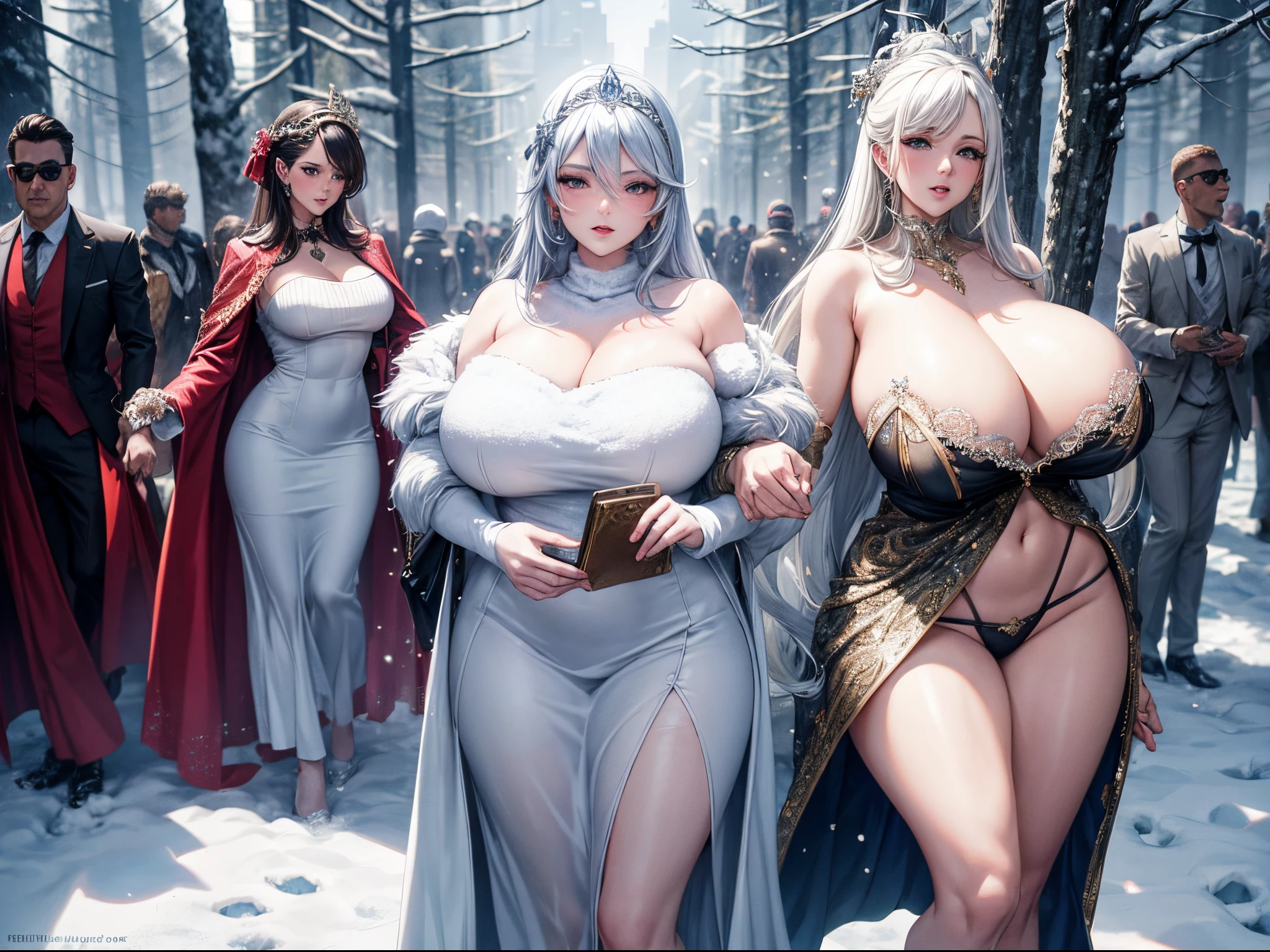 A glamorous winter wonderland scene with stylishly dressed individuals, enormous tits, snow-covered trees, and a touch of opulence.