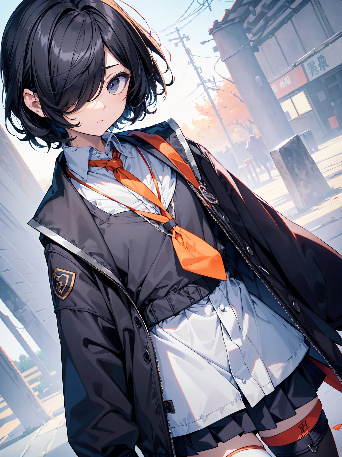 God quality, anime moe artstyle,best anime 8k konachan wallpaper,badass anime 8k,perfect anatomy, (Please draw a girl walking sleepily to school. ),break, 1girl, (Solo,Loli,,13-ye-ol3),a ior high sctudent, androgynous Very Short hair,parted bangs,(hair over one eye), Full limbs, complete fingers,flat chest, Small butt, groin, Small eyes,finely detailed beautiful black eyes,disgusted eyes, school Uniform, in the School commute route. break,ultra-detailed,high resolution,super detailed skin, professional lighting,8k eye details, (cool illustration:1.2),