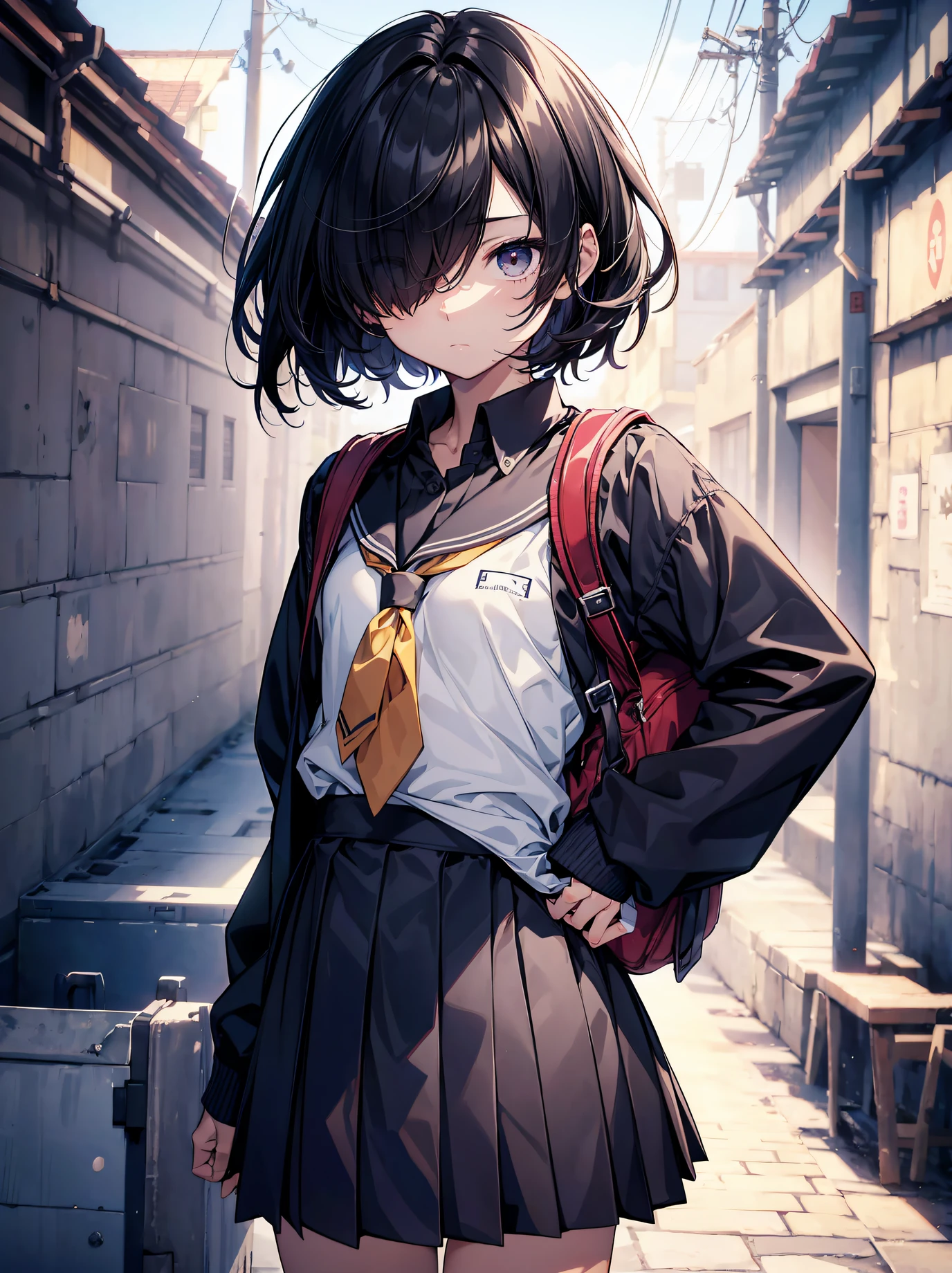 God quality, anime moe artstyle,best anime 8k konachan wallpaper,badass anime 8k,perfect ???????, (Please draw a girl walking sleepily to school. ),break, 1girl, (Solo,Loli,child,13-year-old:1.3),a junior high school student, androgynous charm, Very Short hair,parted bangs,(hair over one eye), Full limbs, complete fingers,flat chest, Small butt, groin, Small eyes,finely detailed beautiful black eyes,disgusted eyes, school Uniform, in the School commute route. break,ultra-detailed,high resolution,super detailed skin, professional lighting,8k eye details, (cool illustration:1.2),
