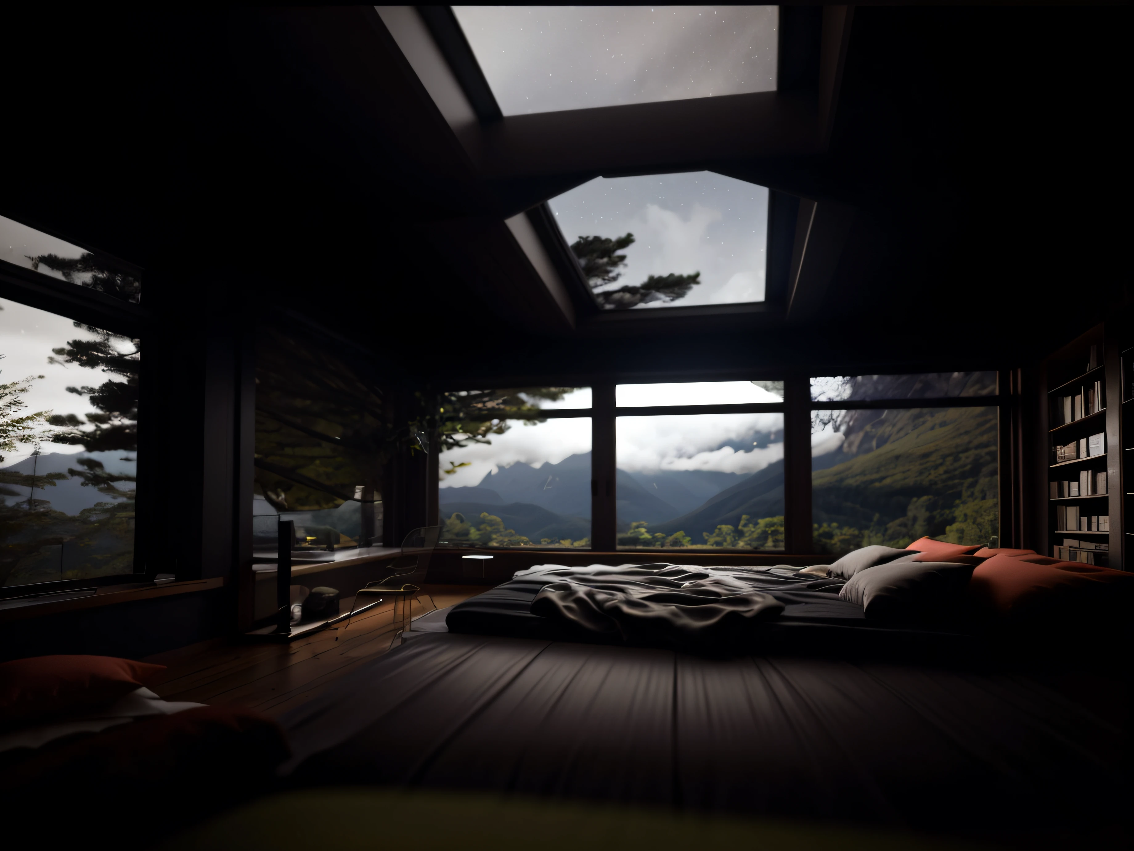 there is a bed in a room with a view of the mountains, sonho como atmosfera 8k, large windows to the forest at night, lugar aconchegante, quarto escuro, arte conceitual escura fotorrealista, atmospheric render, quarto aconchegante, ambiente acolhedor e tranquilo, ambiente relaxante, paisagem calmante e acolhedora, 8K landscape rendering, paisagem hiper-realista, luz natural no quarto, grumpy cinematic atmosphere