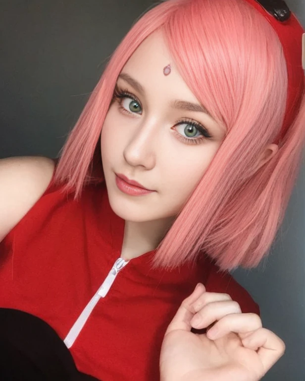 young woman, porcelain skin, short pale pink hair, pink eyebrows, jade green eyes, buttoned nose, thick peach lips, heart-shaped face, wide forehead, red clothes, Sakura Haruno, realism, 3d