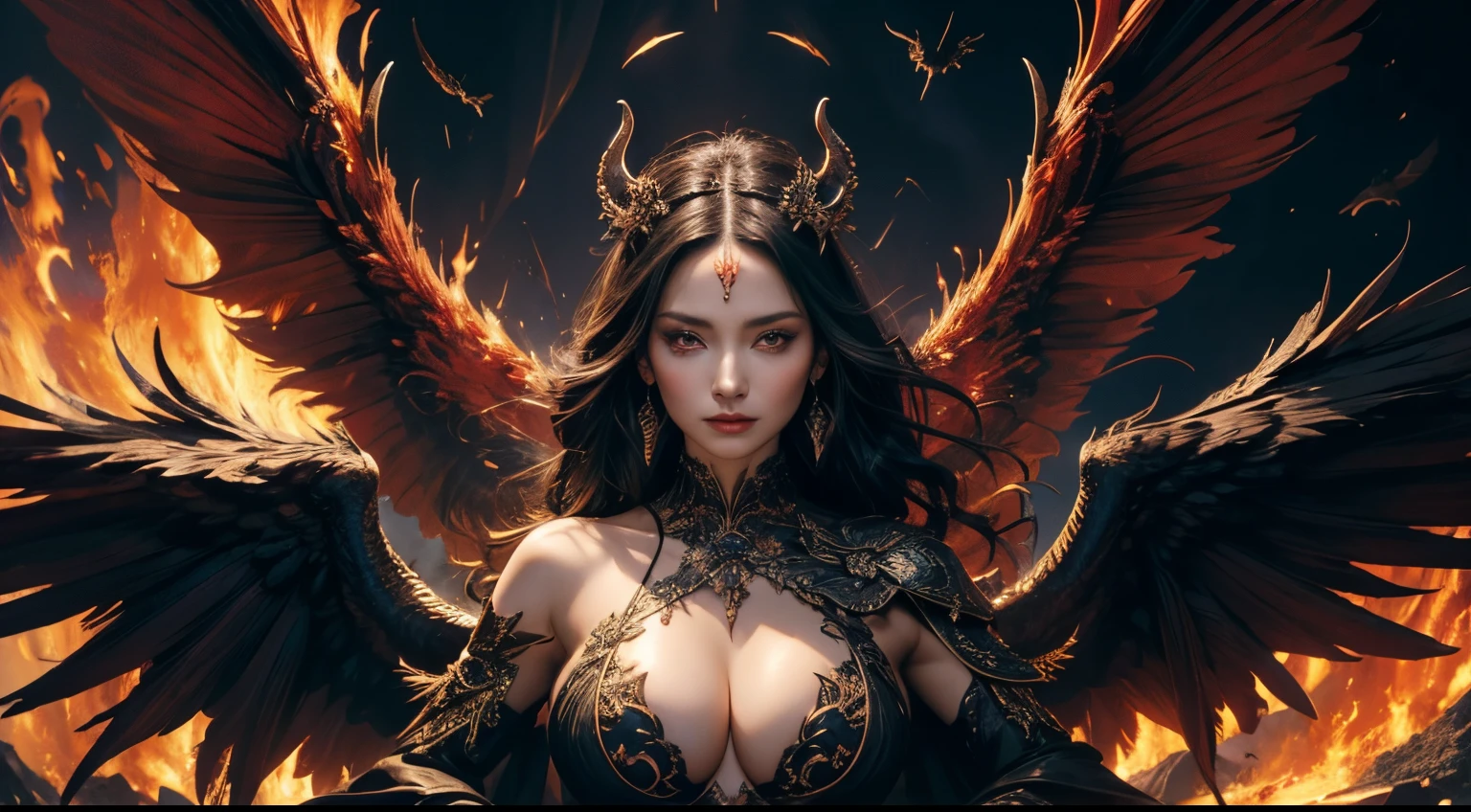 hyper HD,Raised sexy,A mature woman,Dragon's Horn,Large breasts,Black feathered wings,(Medium portrait:1.8),With volcano as background,Hellfire,mystic symbols,magia,theatrical
