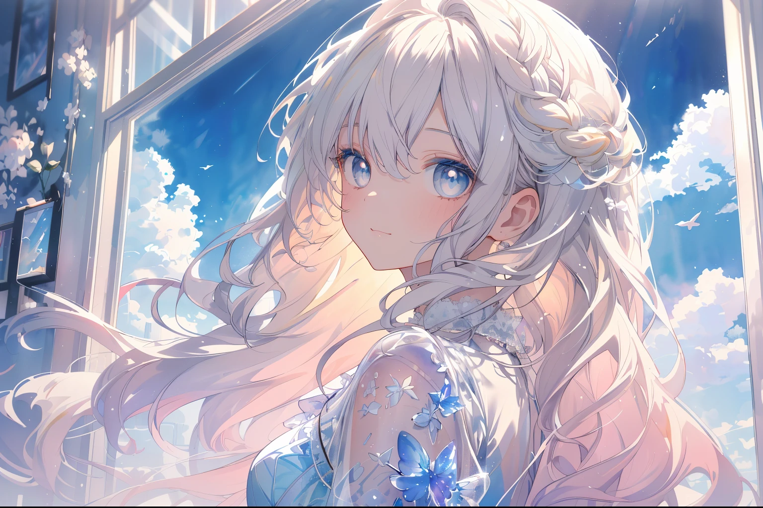 ((ultra - detailed),Heavenly sky background,Beautiful clouds,The light from the back window is backlighted,factor,Watercolor pattern in calm colors),(Watercolor texture), ((1girll),Long grey hair,blonde  hair,e Blue Eyes,adolable,angelicales),lightsmile,****ta prostitute,The highest image quality