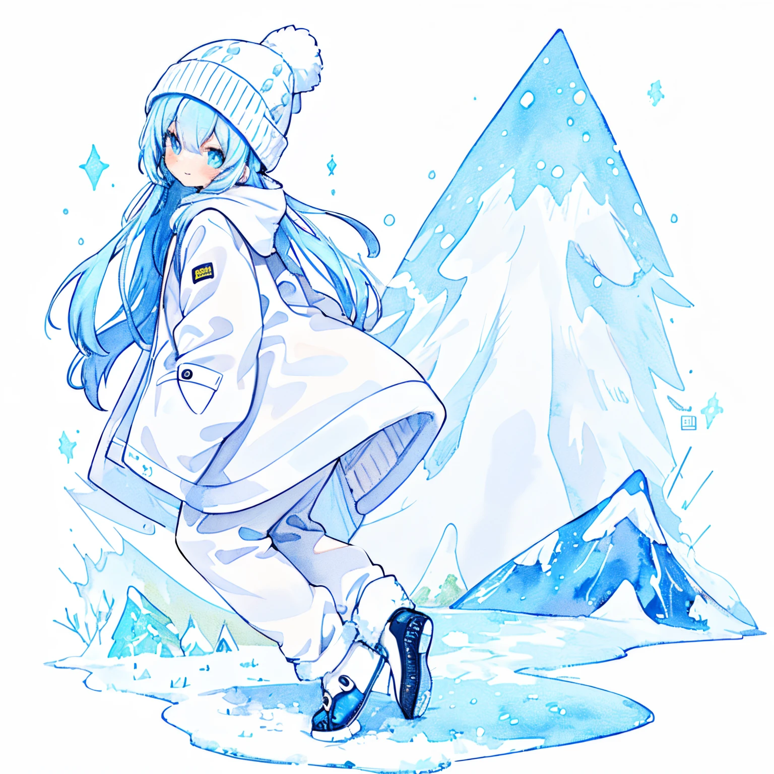 1girl in、(PastelColors:1.3)、(Cute illustration:1.3)、(watercolor paiting:1.1)、A smile、snow adventure explorer,
modern winter clothing,
sleek, tailored fit insulated jumpsuit,
Integrated hood with faux fur trim for a contemporary look,
Stylish snow boots with a sporty design and sophisticated gaiters,
snow gloves、
Ribbed beanie hat with trendy calf oversocks and minimal logo,snowy mountain background、
Detailed drawing、Vibrant colors、striking contrast、intricate detailes、Delicate depiction、Luminescent、、From the side、Beautiful facial features、Brightly colored eyes、Wearing intricate and delicate ornaments、glowing aura、Radiant hair,Illuminated by the morning light