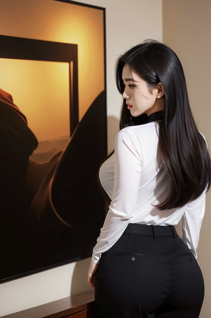 Super Beautiful Office Lady、(big curved ass)、Y shirt、Black suit pants、Portrait、posterior view、(((top-quality, ​masterpiece))), (((ighly detailed)))