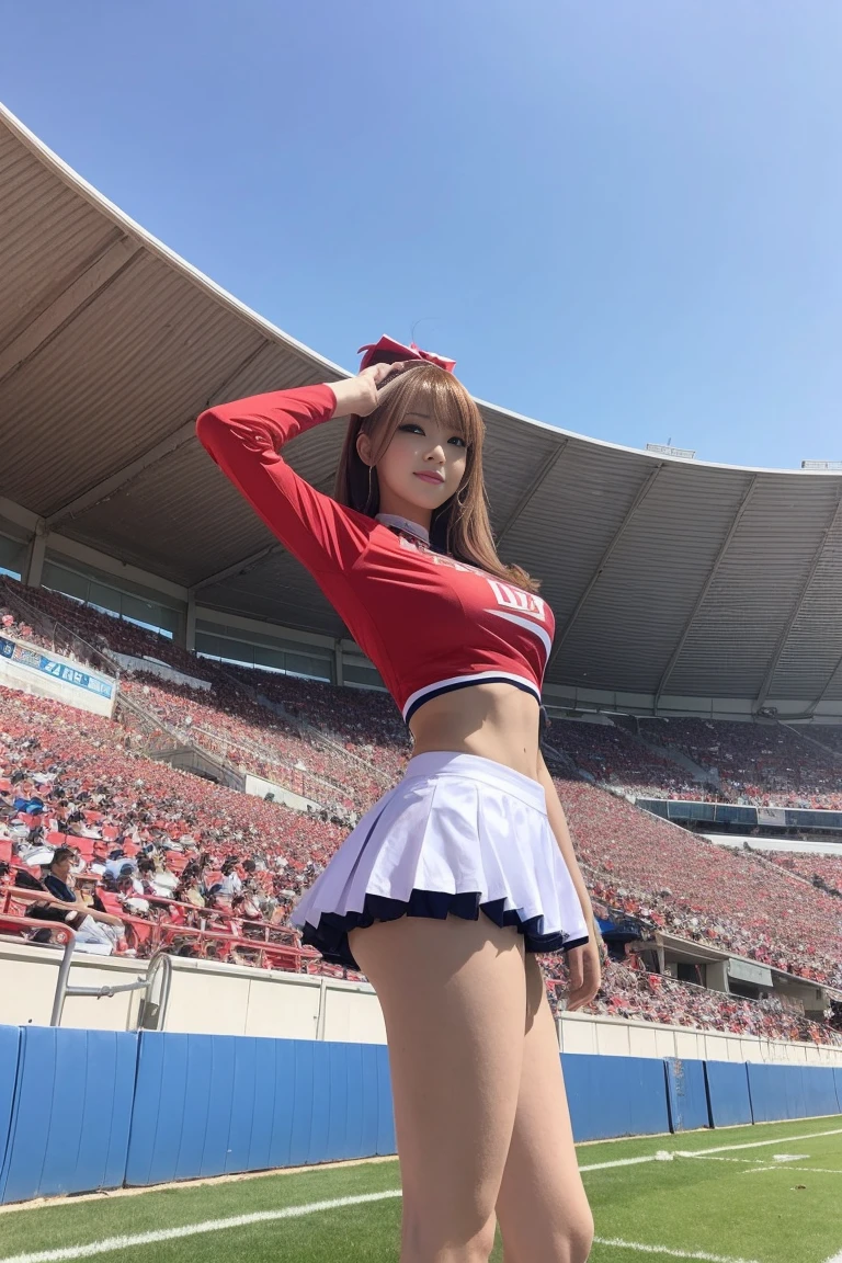 A tall, long-legged, huge-breasted cheerleader cosplay beauty standing in the stadium, seen from below