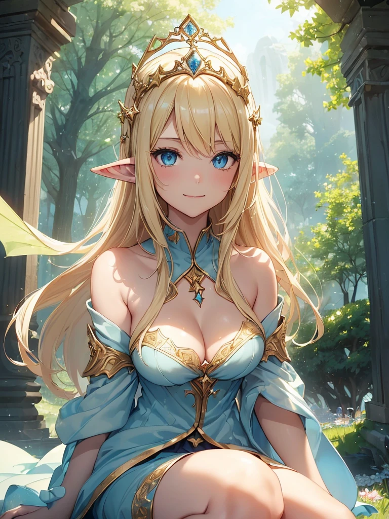 top-quality、Top image quality、masterpiece、friendly dragon and elf、Elven Beauty、smil((24 year old、Best Bust、big bast、Bust 90,Beautiful blue eyes、,Blonde long hair、A slender、a closeup、Esbian、beautiful tiara、hiquality、beautiful white giant dragon、Beautiful Art、Background with((starrysky)))masutepiece、visualart、depth of fields、morning、sunrises、Elven ears、、mid night、harp melody🎵、Happy smile、Gentle light、、Beautiful skins、beutiful breast、beautiful foot、welcome、、accurate fingers、Exact finger count、nffsw、Beautiful dress、Mystical In the flower garden、flower field、、the woods、Marble pillars、Sit up
