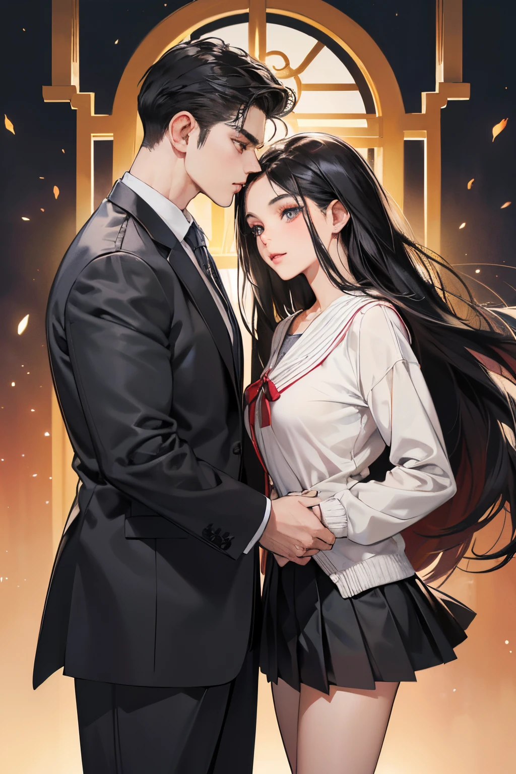 (masutepiece, Digital Art, Digital Illustration, 4K, 8K, Ultra-detailed, beautiful image, Sharp Image, Photorealistic, Raw photo, Perfect face, Perfect lines, Perfect eyes, Soft lighting) 1 woman, (Long Black Hair,straight haired,Bullish gaze,Beautie,Solid makeup,femele,small tits:1.3),Two handsome men in suits, (ember,Men in suits,well-muscled,Firm shoulder width,Adult male,Boyish hairstyle,English gentlemanly style,Man in his 30s with a cool expression,28-year-old man with bright smile:1.2),Bakery、breads、Eat-in、A lot of bread is lined up、a sailor suit、Knee-length pleated skirt、baggy cardigan、kiss、a couple、couple kissing、Romance、ssex、have sex、