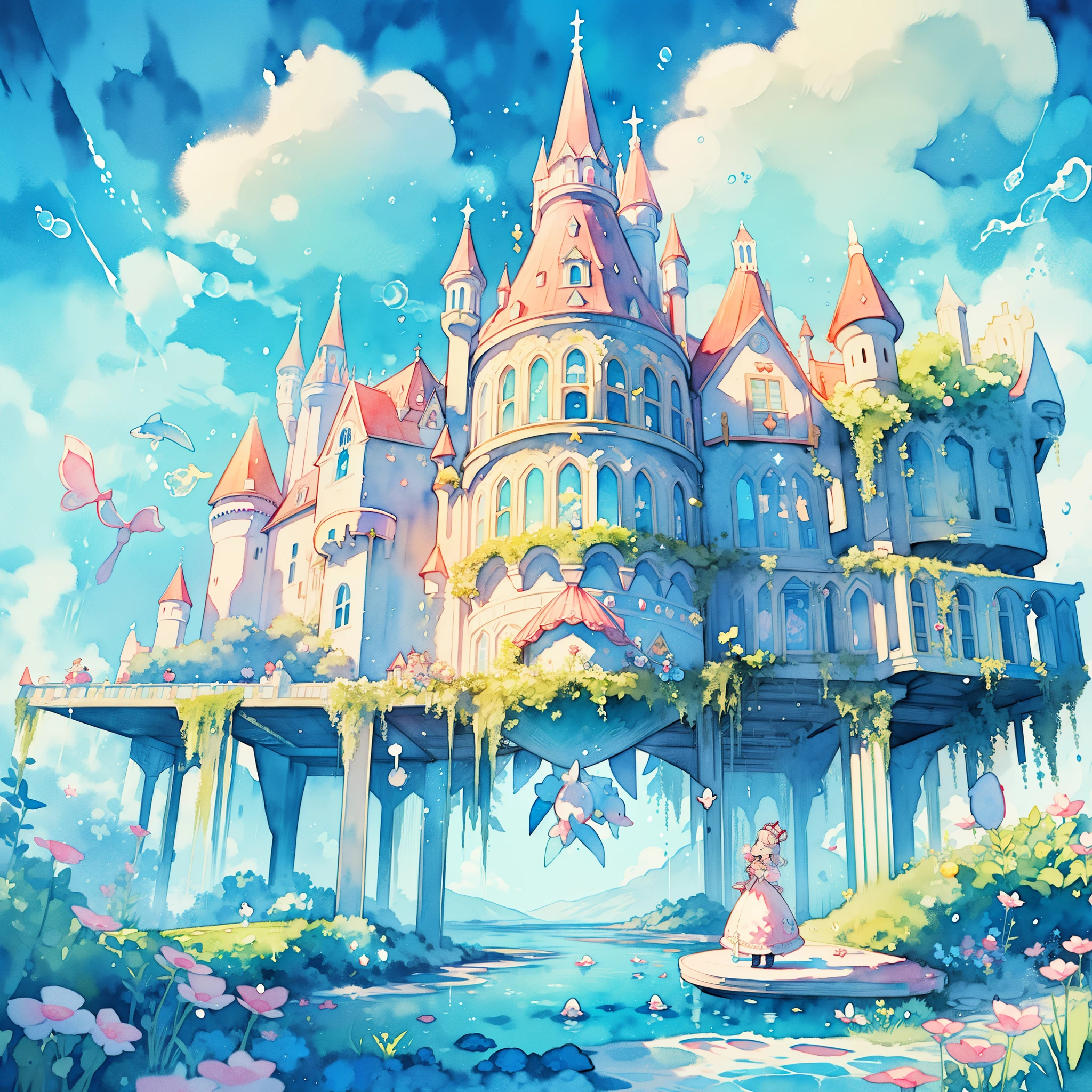 picture book illustration, watercolor storybook illustration, ((princess castle)), ((fairytale castle)), fairytale towers, clouds, vibrant pastel colors, dream, colorful, whimsical, magical, masterpiece, best quality, sharp focus, intricately detailed environment, fine detail, 8k resolution, (colorful), cute