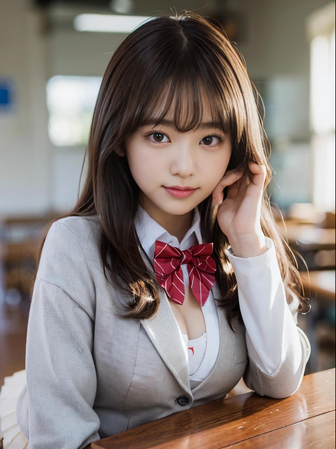 She wears the cutest high school uniform in the world、 （(1girl in:1.3))、photos realistic、Photorealsitic:1.4、Official art、ultra-detailliert、Beautiful and aesthetic、Beautiful fece、​masterpiece、top-quality、8 Head Body、Poses that sexually provoke men、Inviting eyes、an ecstatic look on one's face、the buttocks are small、Colossal tits、Chest exposed、Beautiful skins、((Brown blazer、White blouses、red bowtie、White bra、Grey checked pleated skirt、white  panties、Dark blue socks、lowfers、Girls' High School Uniform:1.5))、The cutest sleeping face in the world、The cutest gravure idol pose in the world、The most attractive body in the world、The whole body is shown、Old School Classroom、view front