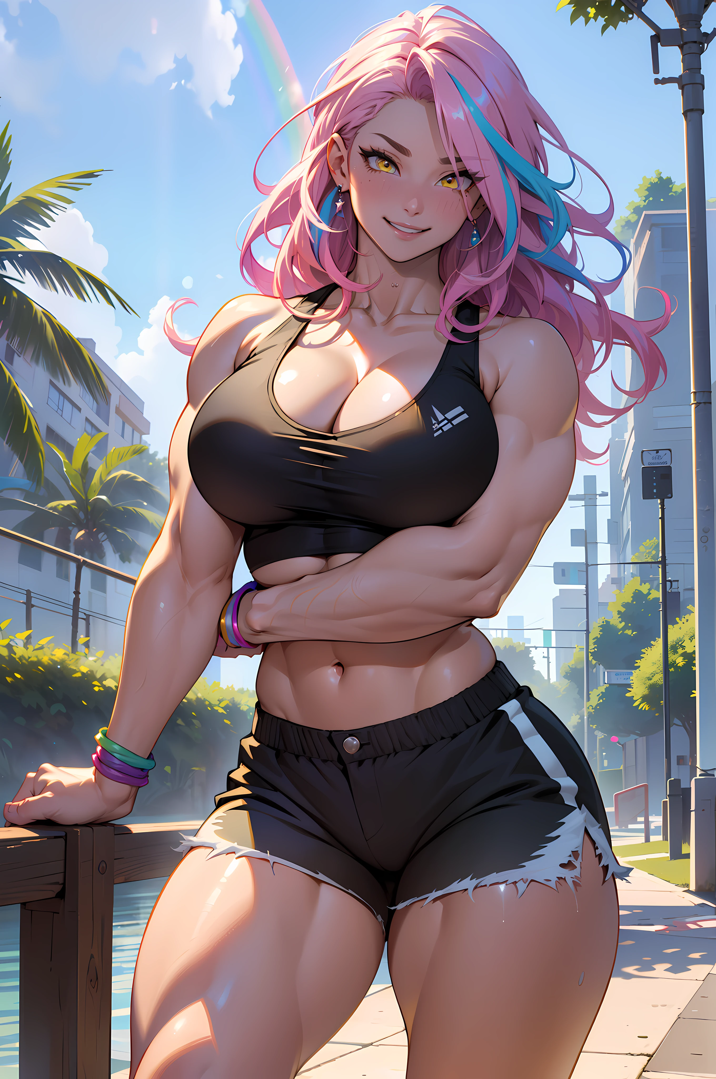 Perfect CG unity 8K UHD wallpaper( girl huge gigantic breasts cleavage showing bodybuilder muscular toned body, pale skin, long rainbow colored hair, vibrant glowing yellow eyes, long detailed eyelashes) smiling sexy seductive facial expression, blushing, thick thighs, standing in a dynamic pose, wearing tank top and shorts, in a neighborhood park, perfect masterpiece, best quality, best resolution