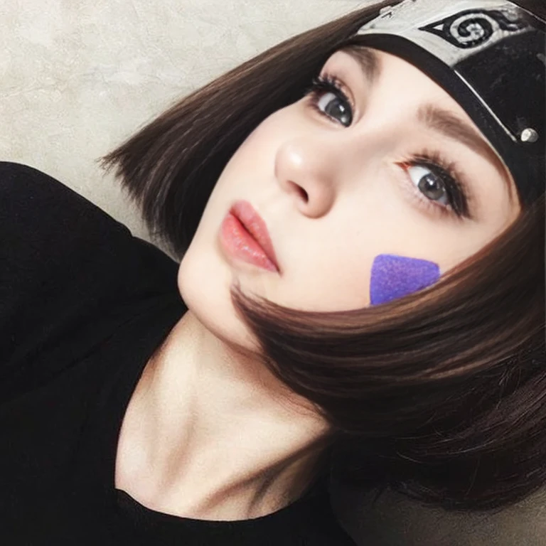 young woman, pale skin, short brown hair, brown eyes, smile, violet marks on her cheeks, black clothes, Rin Nohara, realism, 3d, forest