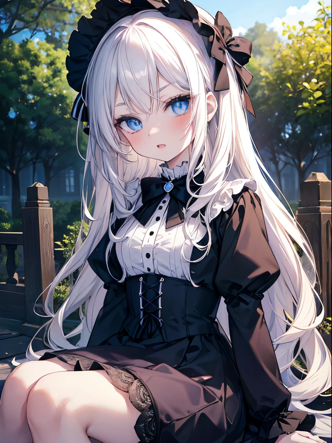 masutepiece, Highest Quality, (Perfect face:1.1), (high detailing:1.1), (ultradetailed eyes), Dramatic, superfine illustration, Extremely detailed, 1girl in, (pale skin), long white hair, Ethereal eyes, Blue eyes,tareme, (light eyebrow),blush,Solo, Smile, Open mouth,Pouty lips,Cinematic lighting, Looking at Viewer,Cowboy Shot,Gothic lolita, frilld, bow ribbon,Head dress,Long sleeve, Sitting on a tree in the park, A clear day