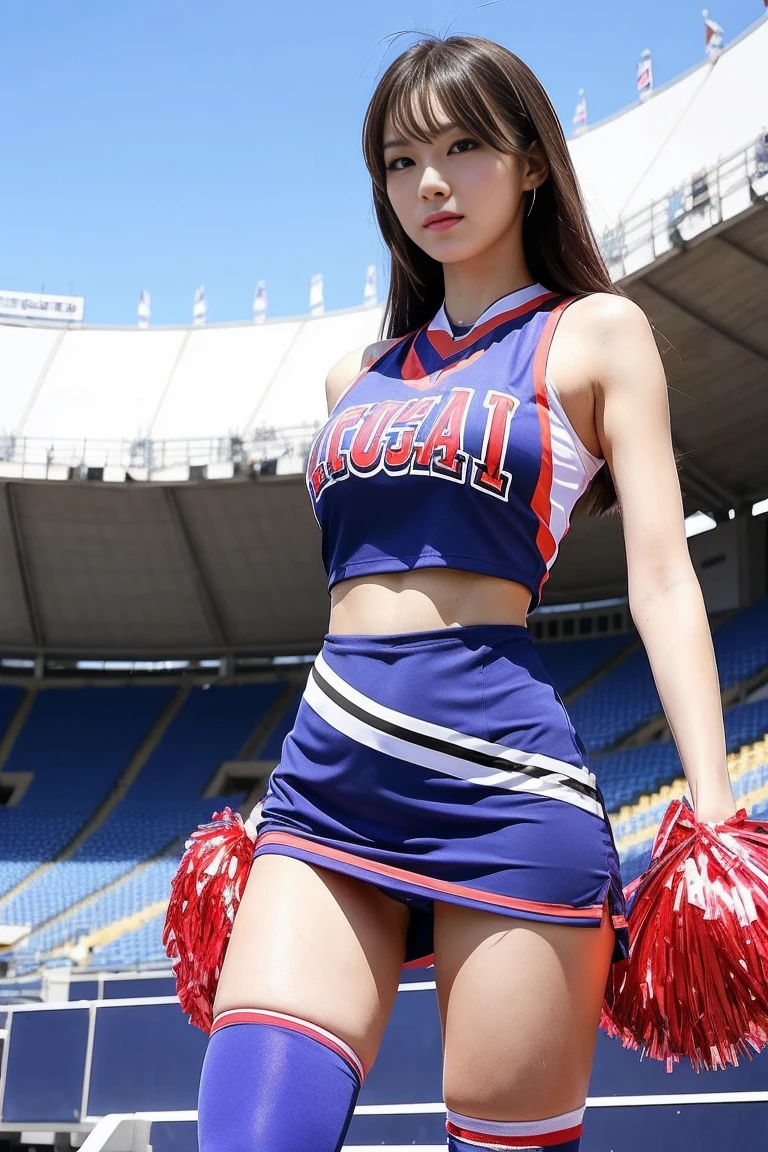 A tall, long-legged, huge-breasted cheerleader cosplay beauty standing in the stadium, seen from below