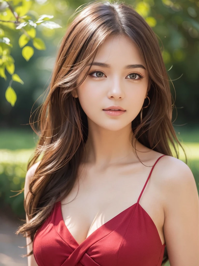 (best quality,4k,8k,highres,masterpiece:1.2),ultra-detailed,realistic,photorealistic:1.37, beautiful detailed eyes, beautiful detailed lips, extremely detailed face, long eyelashes, intimate view, soft lighting, vibrant colors, warm tones, sensual atmosphere, timid expression, natural hair, flawless skin texture, gentle breeze, elegant pose, nervous energy, afternoon ambiance, frontal shot, wearing a red short sun dress, outdoor park