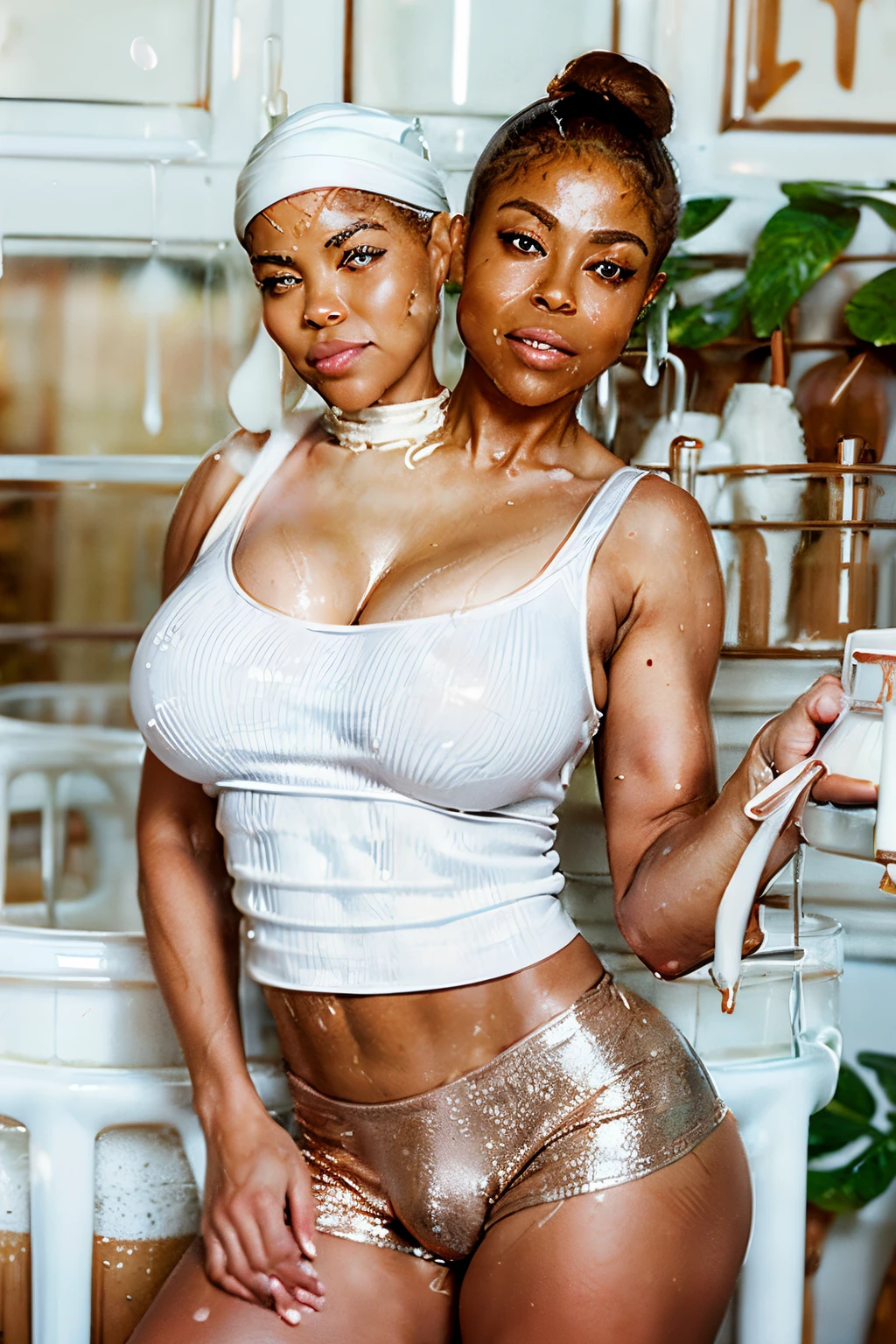 (((2heads)), (((((big bulge))))),1man, feminine face, very pale white skin, no body hair, no facial hair, round face, face like a famous actress, big sunkissed cheeks,smiling, detailed eyes, thick pink lips, brunette, ponytail hair, big wide shoulders, toned arms,very fit, shimmer gold shimmer tank top, exposed shoulders, small ,looking ahead, 50 years old, wide hips, ripped shimmer shorts, large butt, whips,very thick thighs, running on a treadmill,, realistic, milk dripping,very sweaty, in the style of Disney animation,65 years old, green eyed Italian woman next to a brown eyed Jamaican woman,(((( milk dripping from face)))), ((milk dripping from chest)),(((( thick white liqui)