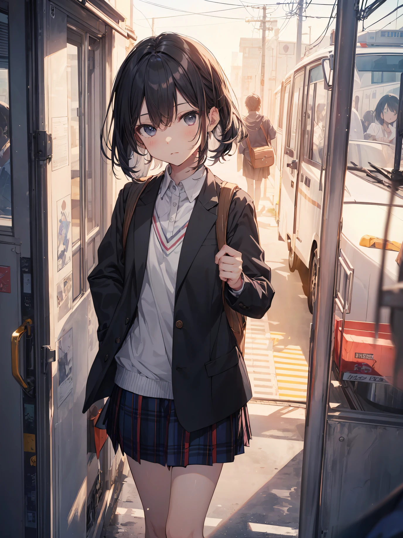 God quality, anime moe artstyle,best anime 8k konachan wallpaper,badass anime 8k,perfect anatomy, (Please draw a girl walking sleepily to school. ),break, 1girl, (Solo,Loli,,13-ye-ol3),a ior high sctudent, androgynous Very Short hair,parted bangs,(hair over one eye), Full limbs, complete fingers,flat chest, Small butt, groin, Small eyes,finely detailed beautiful black eyes,disgusted eyes, school Uniform, in the School commute route. break,ultra-detailed,high resolution,super detailed skin, professional lighting,8k eye details, (cool illustration:1.2),